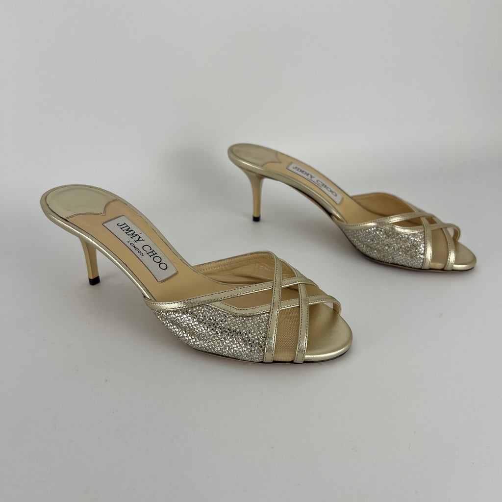 Jimmy Choo | Metallic Gold Leather Glitter Cut Out Slide Mules (36)