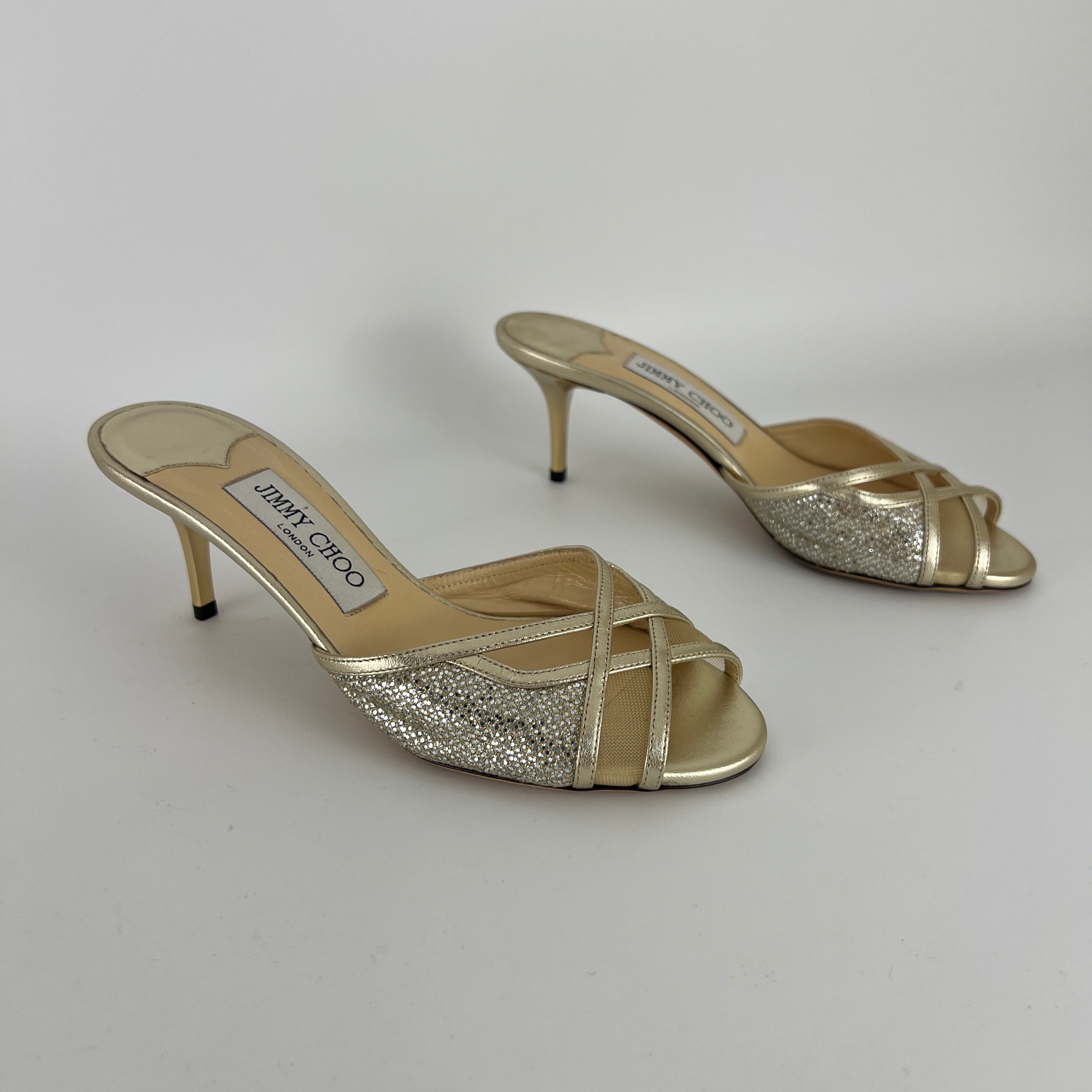 Jimmy Choo | Metallic Gold Leather Glitter Cut Out Slide Mules (36)