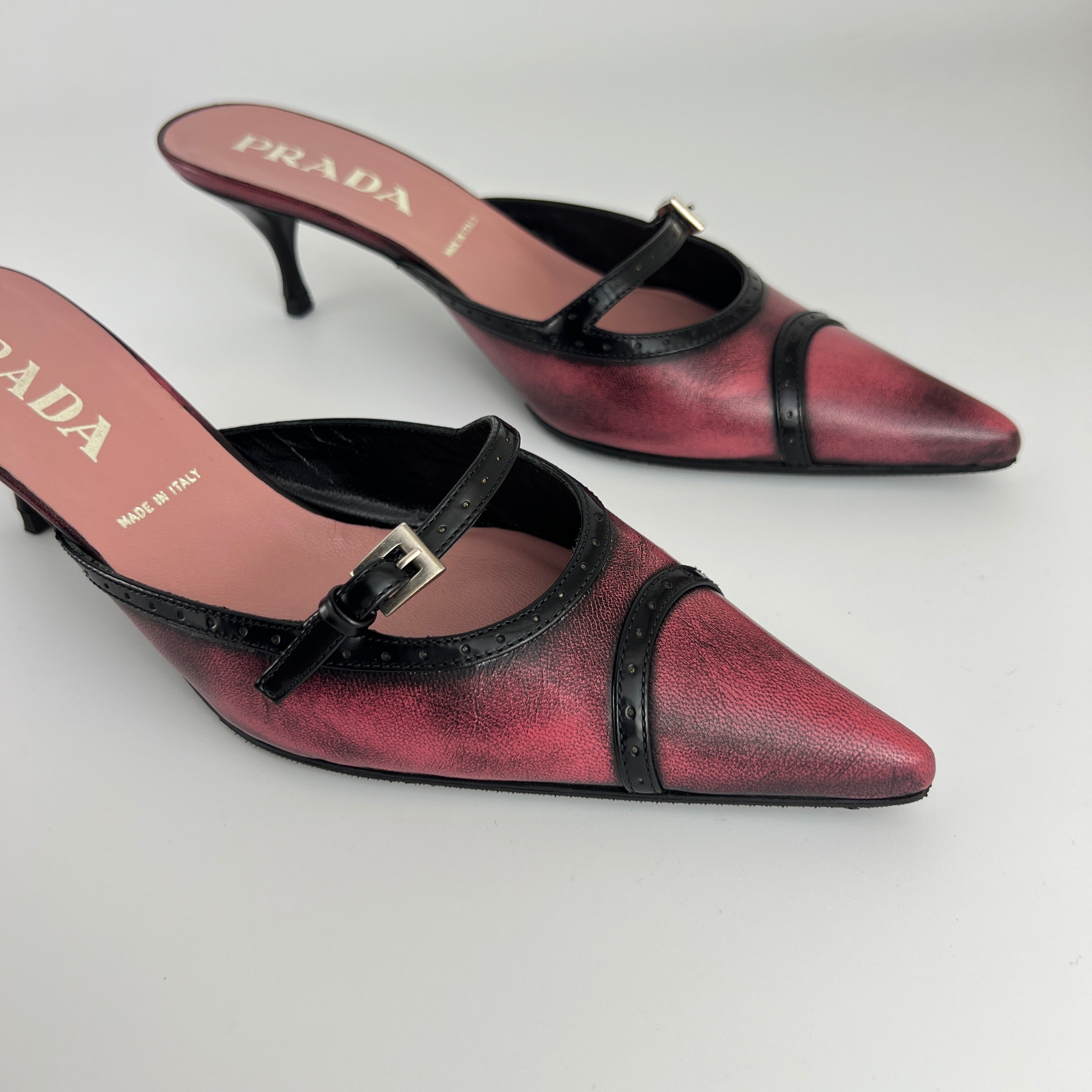 Prada | Vintage Red Black Leather Buckle Strap Pointed Toe Slide Mule (36.5)