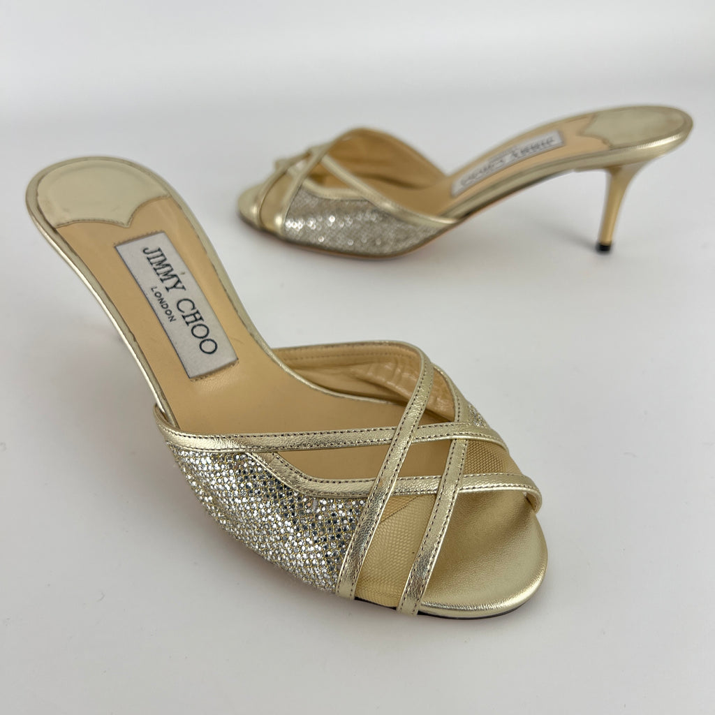Jimmy Choo | Metallic Gold Leather Glitter Cut Out Slide Mules (36)
