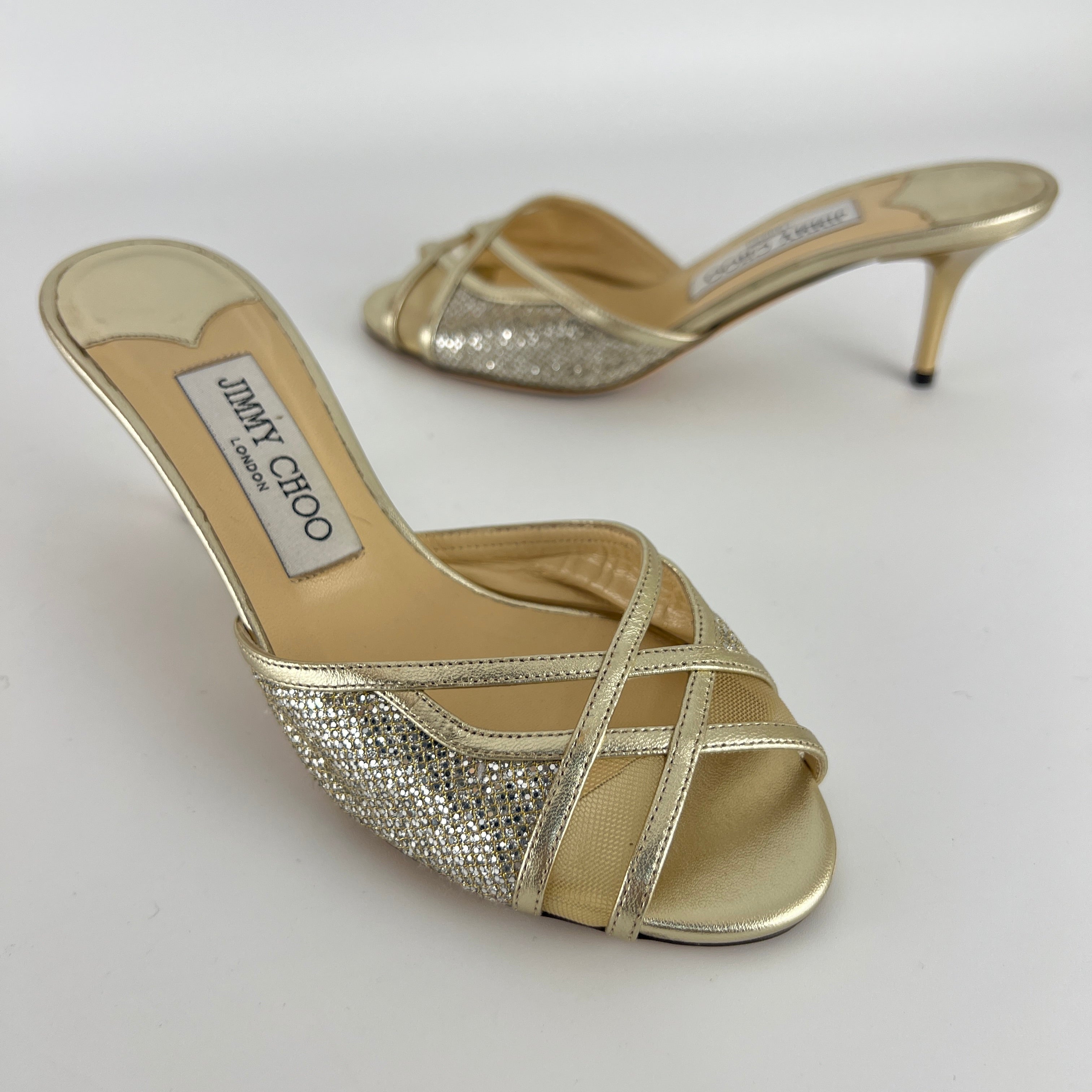 Jimmy Choo | Metallic Gold Leather Glitter Cut Out Slide Mules (36)
