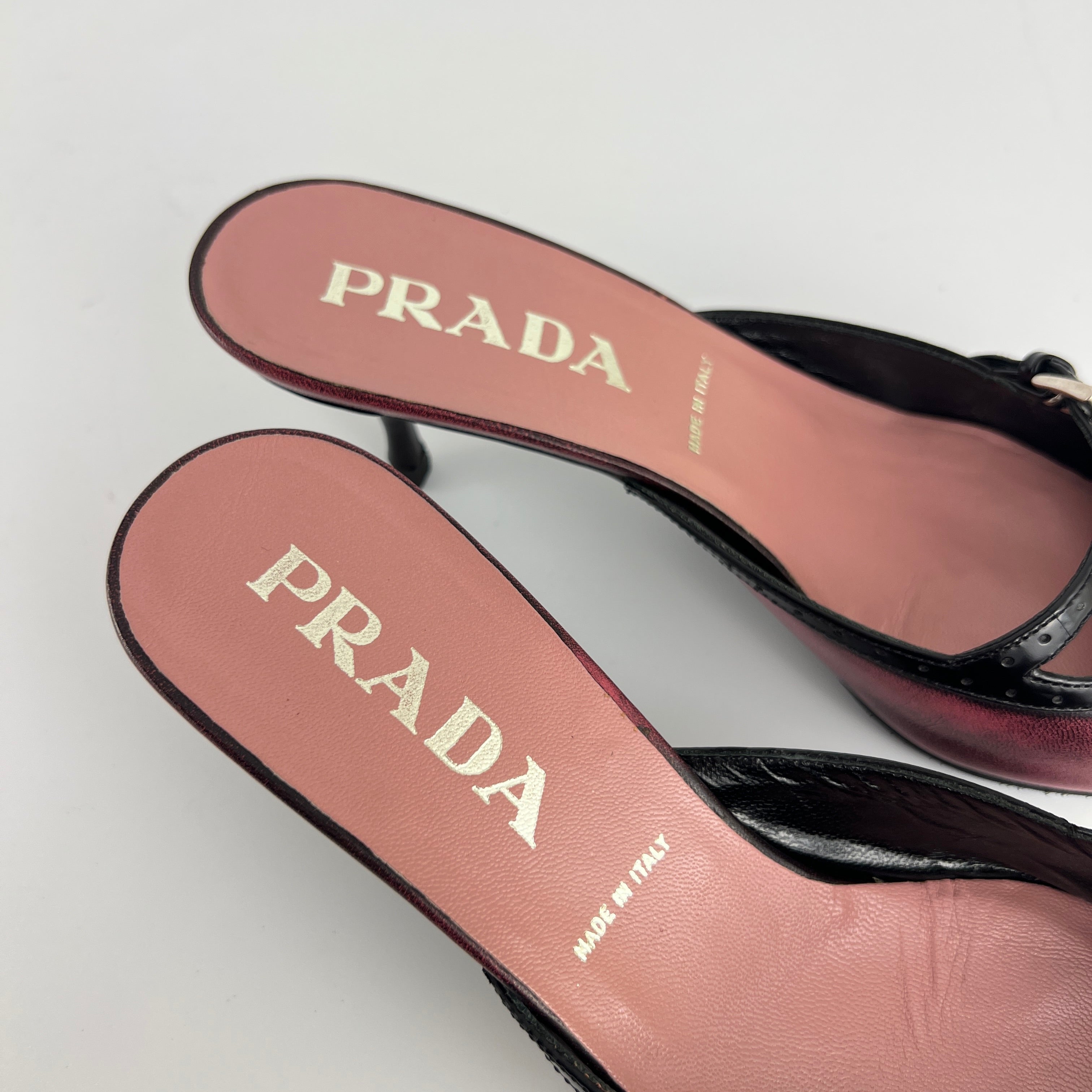 Prada | Vintage Red Black Leather Buckle Strap Pointed Toe Slide Mule (36.5)