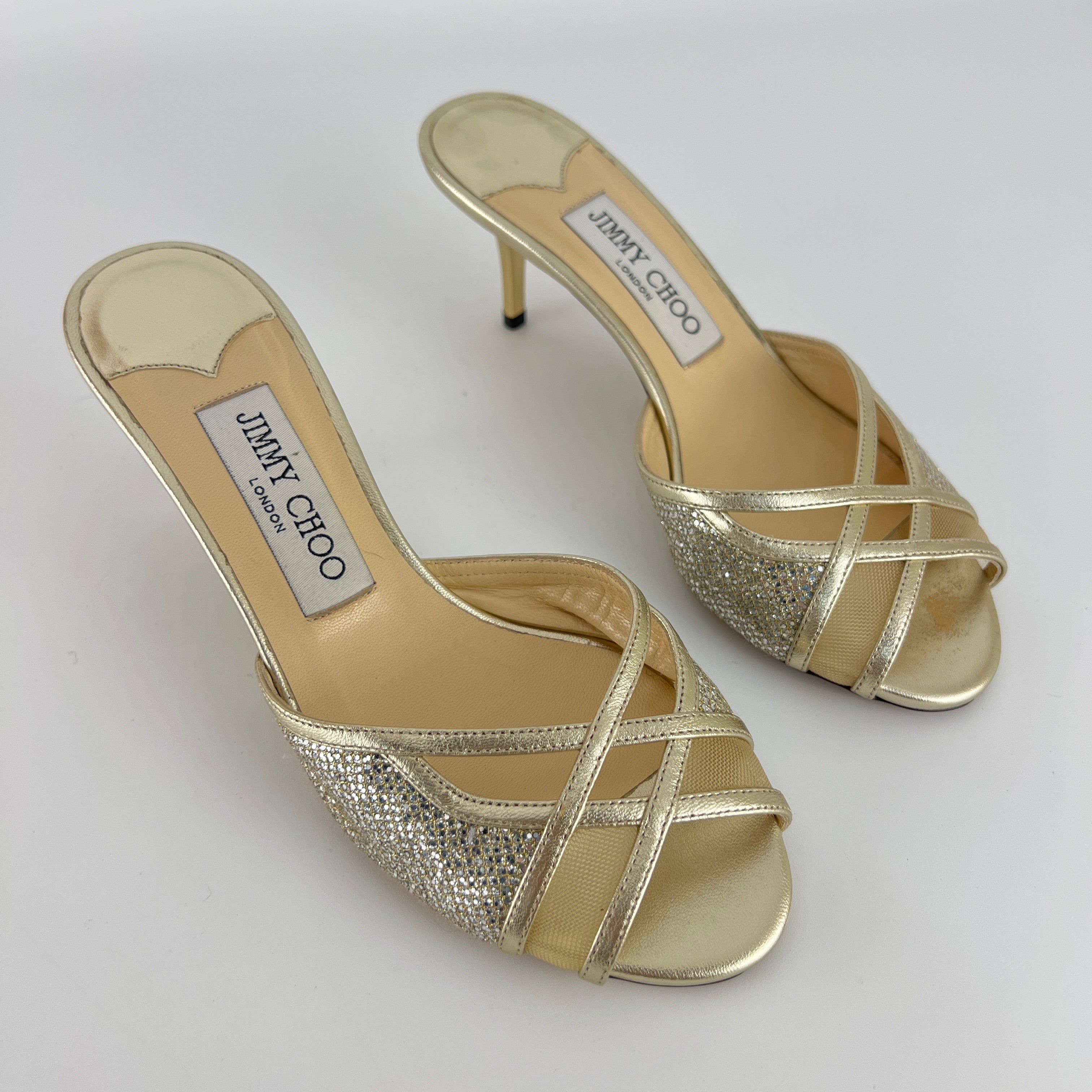 Jimmy Choo | Metallic Gold Leather Glitter Cut Out Slide Mules (36)