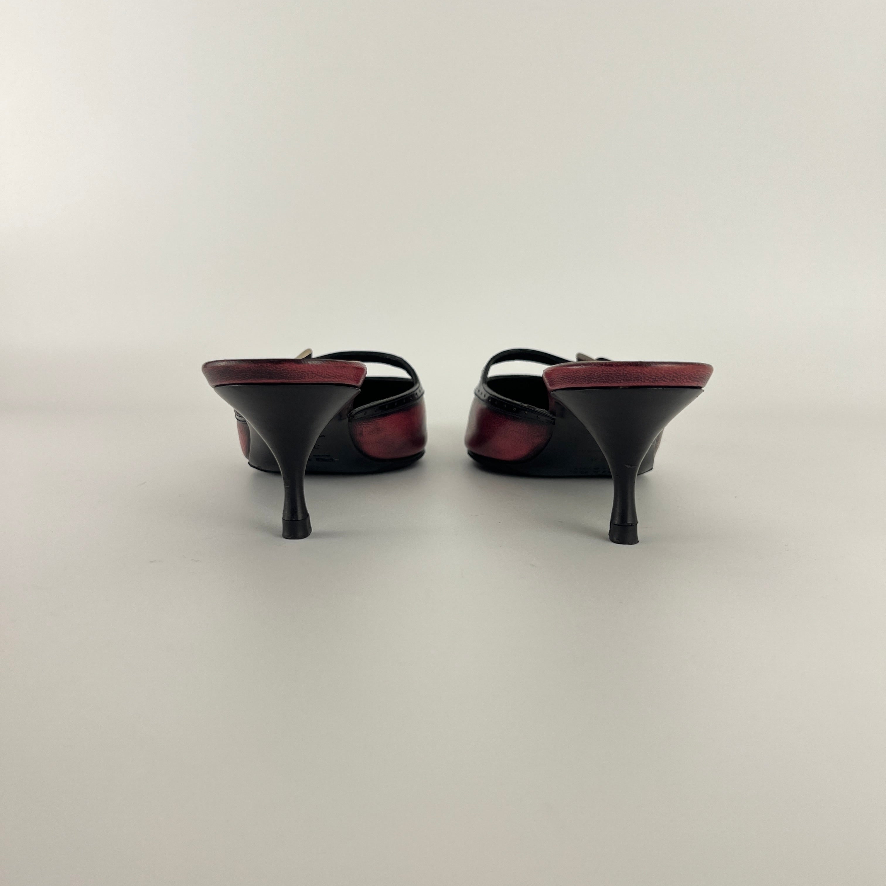 Prada | Vintage Red Black Leather Buckle Strap Pointed Toe Slide Mule (36.5)