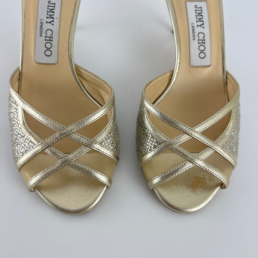 Jimmy Choo | Metallic Gold Leather Glitter Cut Out Slide Mules (36)