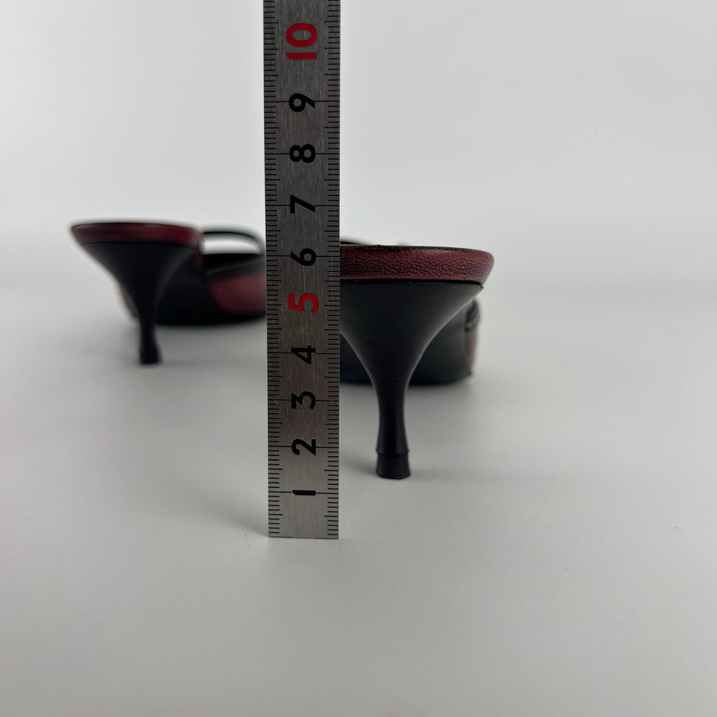 Prada | Vintage Red Black Leather Buckle Strap Pointed Toe Slide Mule (36.5)