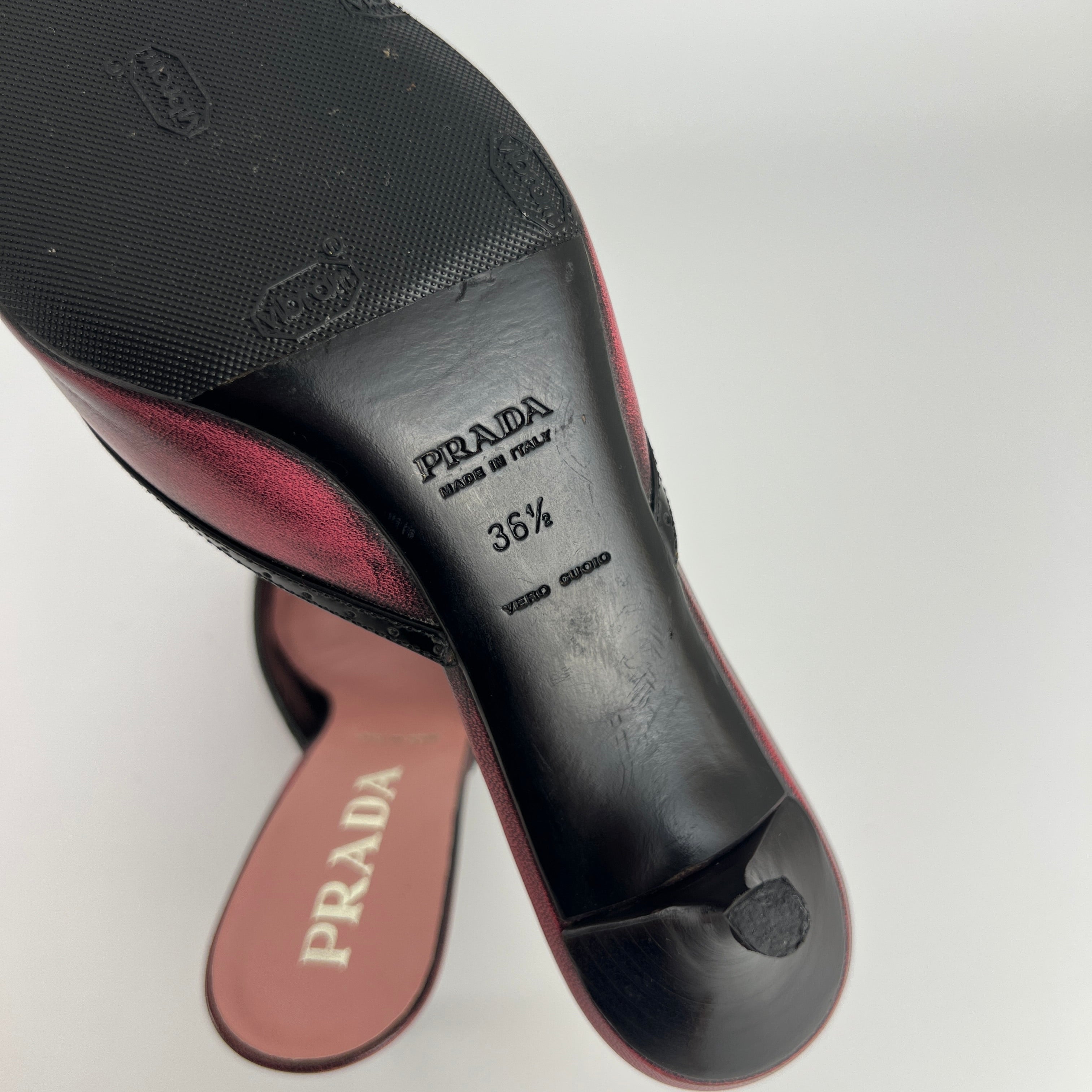Prada | Vintage Red Black Leather Buckle Strap Pointed Toe Slide Mule (36.5)