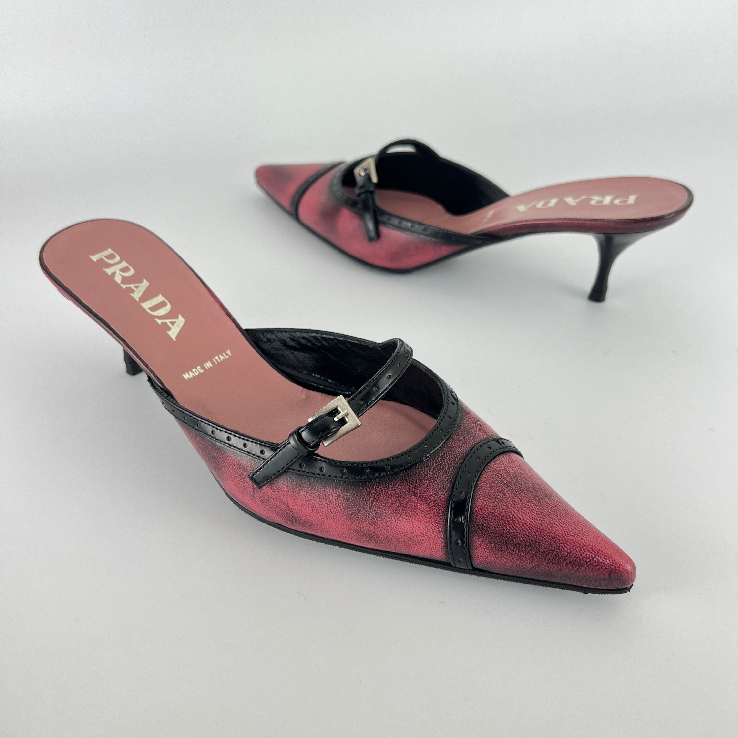 Prada | Vintage Red Black Leather Buckle Strap Pointed Toe Slide Mule (36.5)