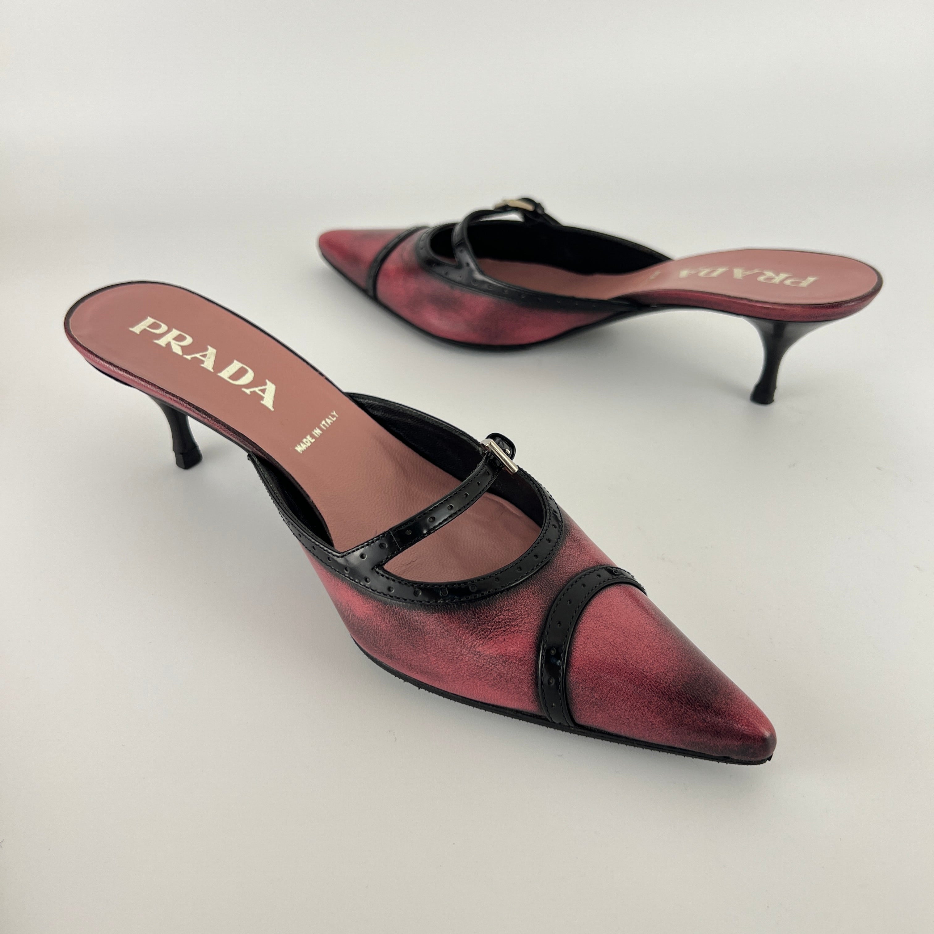 Prada | Vintage Red Black Leather Buckle Strap Pointed Toe Slide Mule (36.5)