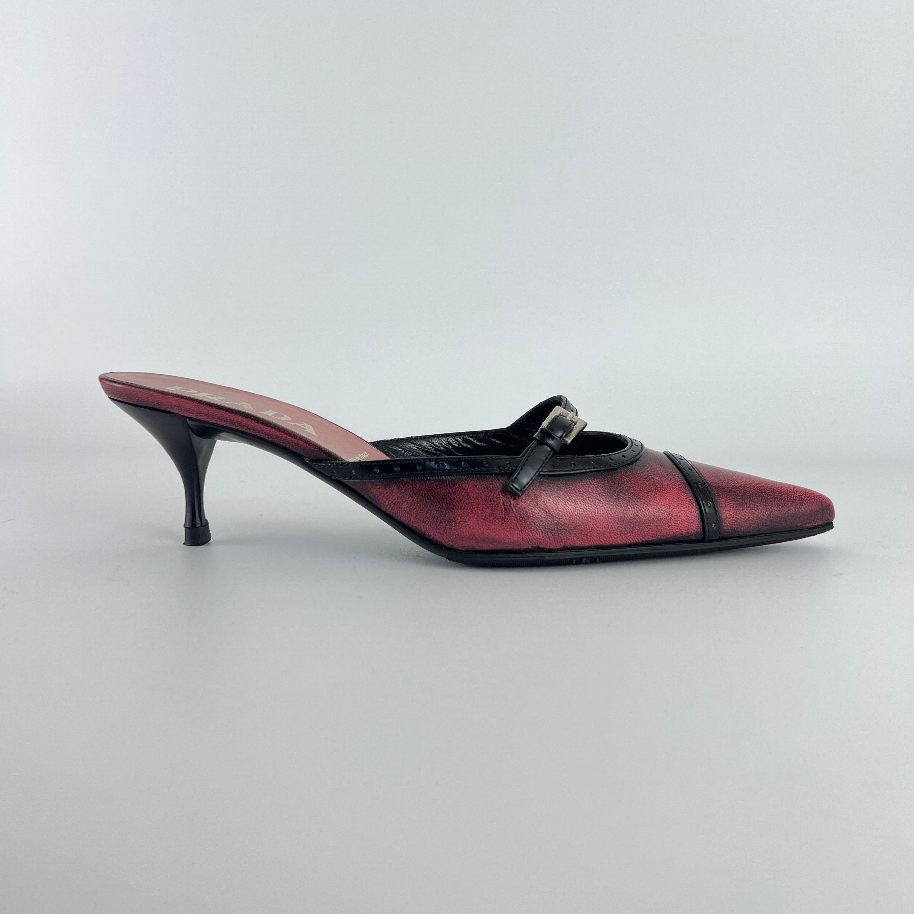 Prada | Vintage Red Black Leather Buckle Strap Pointed Toe Slide Mule (36.5)