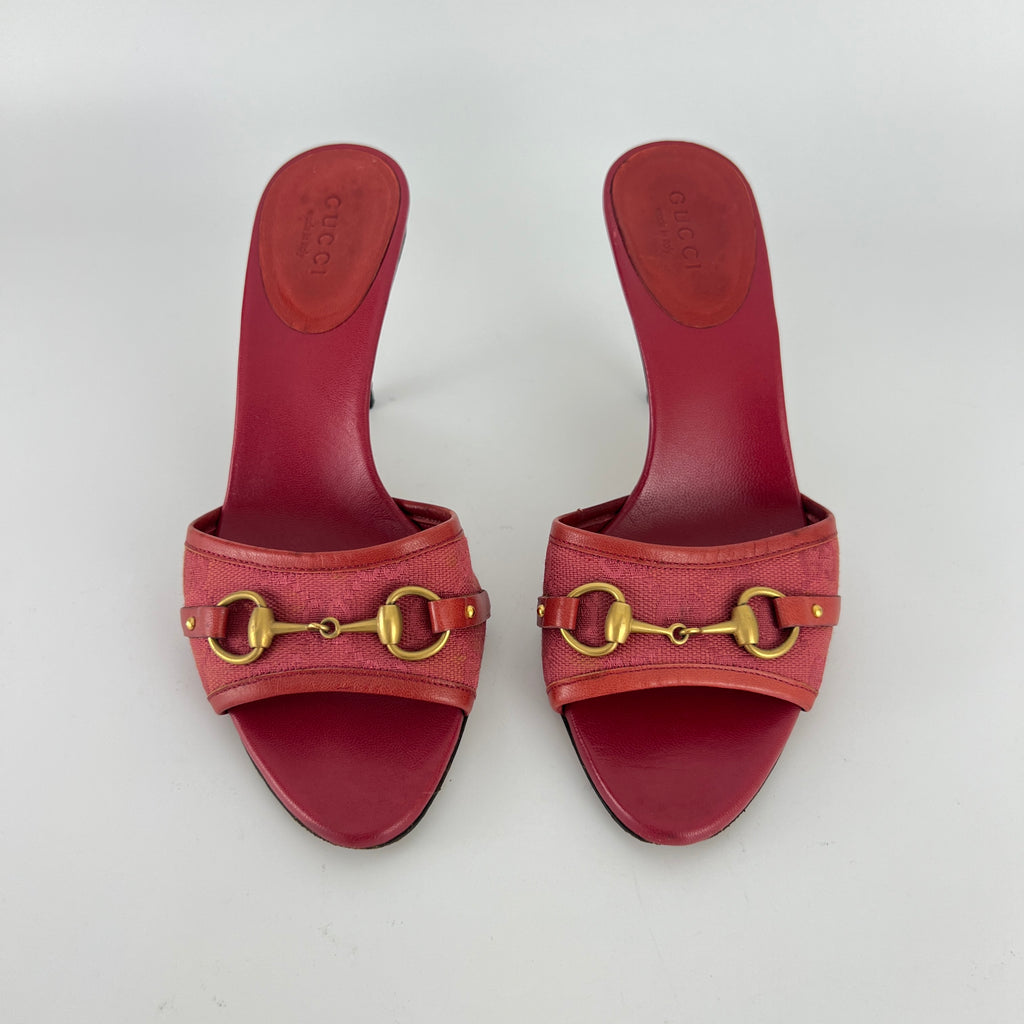 Gucci | Tom Ford Era Vintage Red GG Monogram Gold Horse Bit Canvas Leather Mules (34)