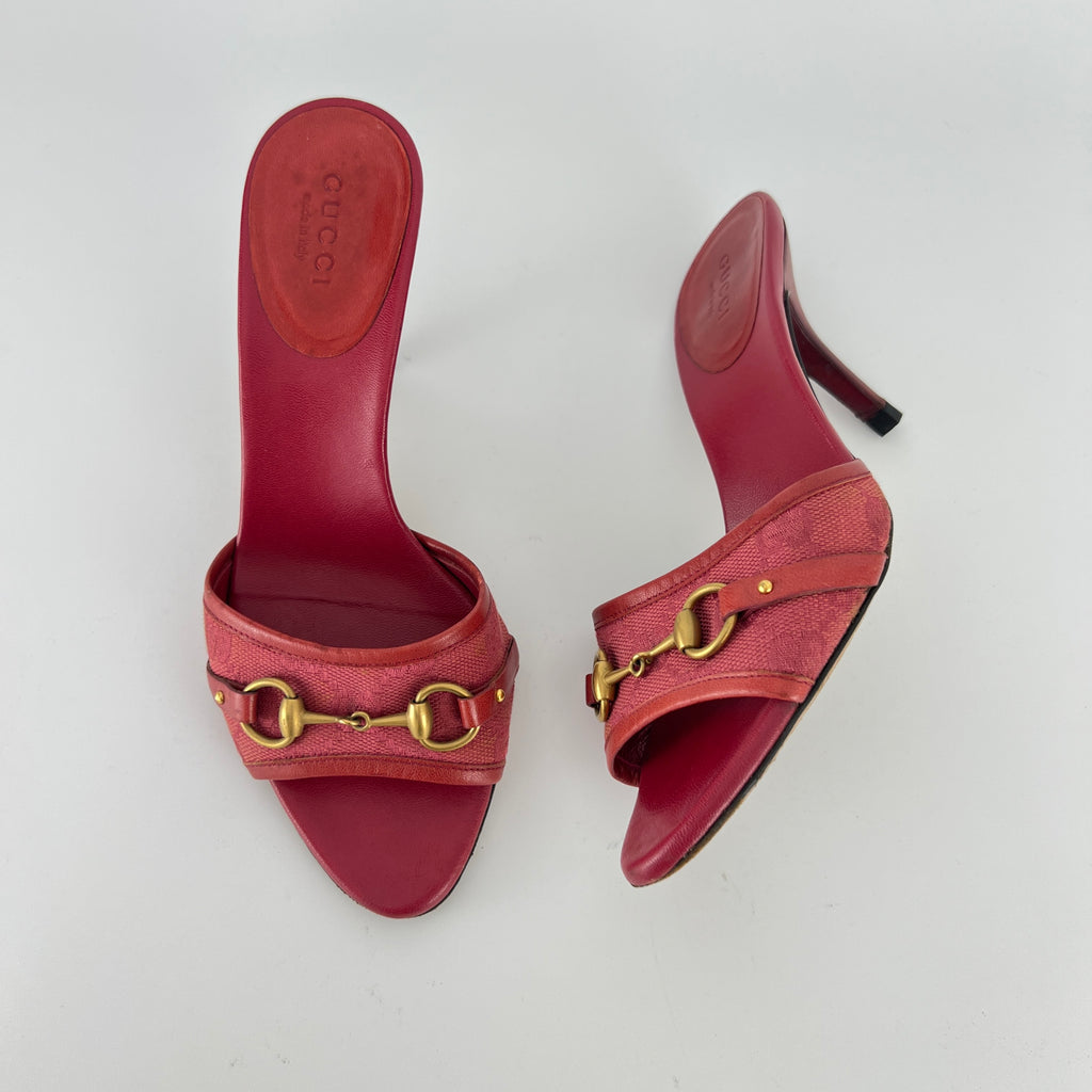 Gucci | Tom Ford Era Vintage Red GG Monogram Gold Horse Bit Canvas Leather Mules (34)