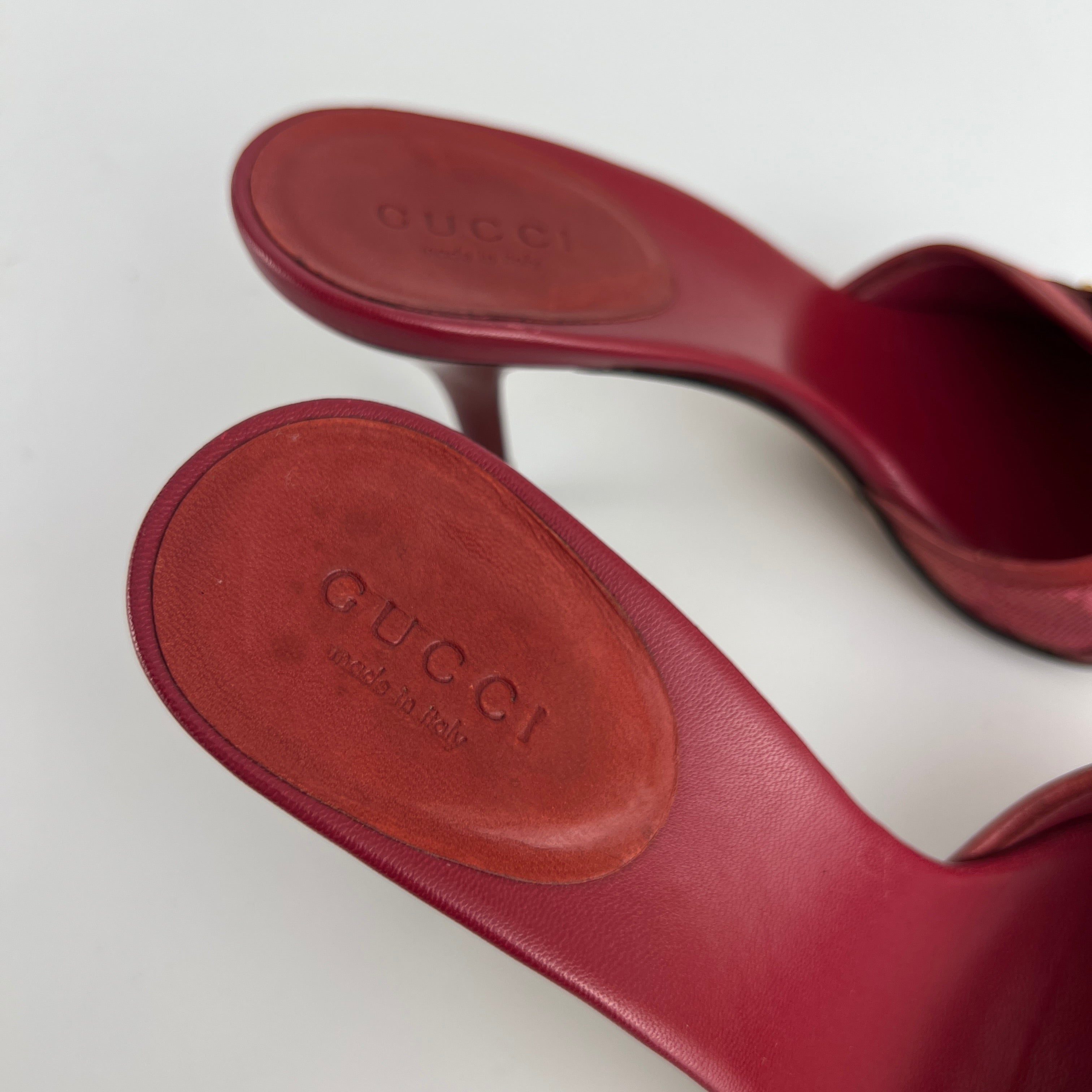 Gucci | Tom Ford Era Vintage Red GG Monogram Gold Horse Bit Canvas Leather Mules (34)