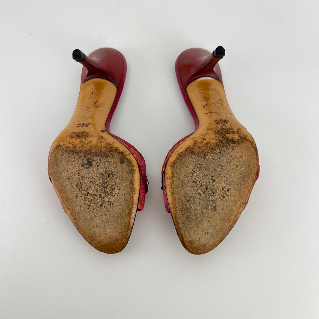 Gucci | Tom Ford Era Vintage Red GG Monogram Gold Horse Bit Canvas Leather Mules (34)