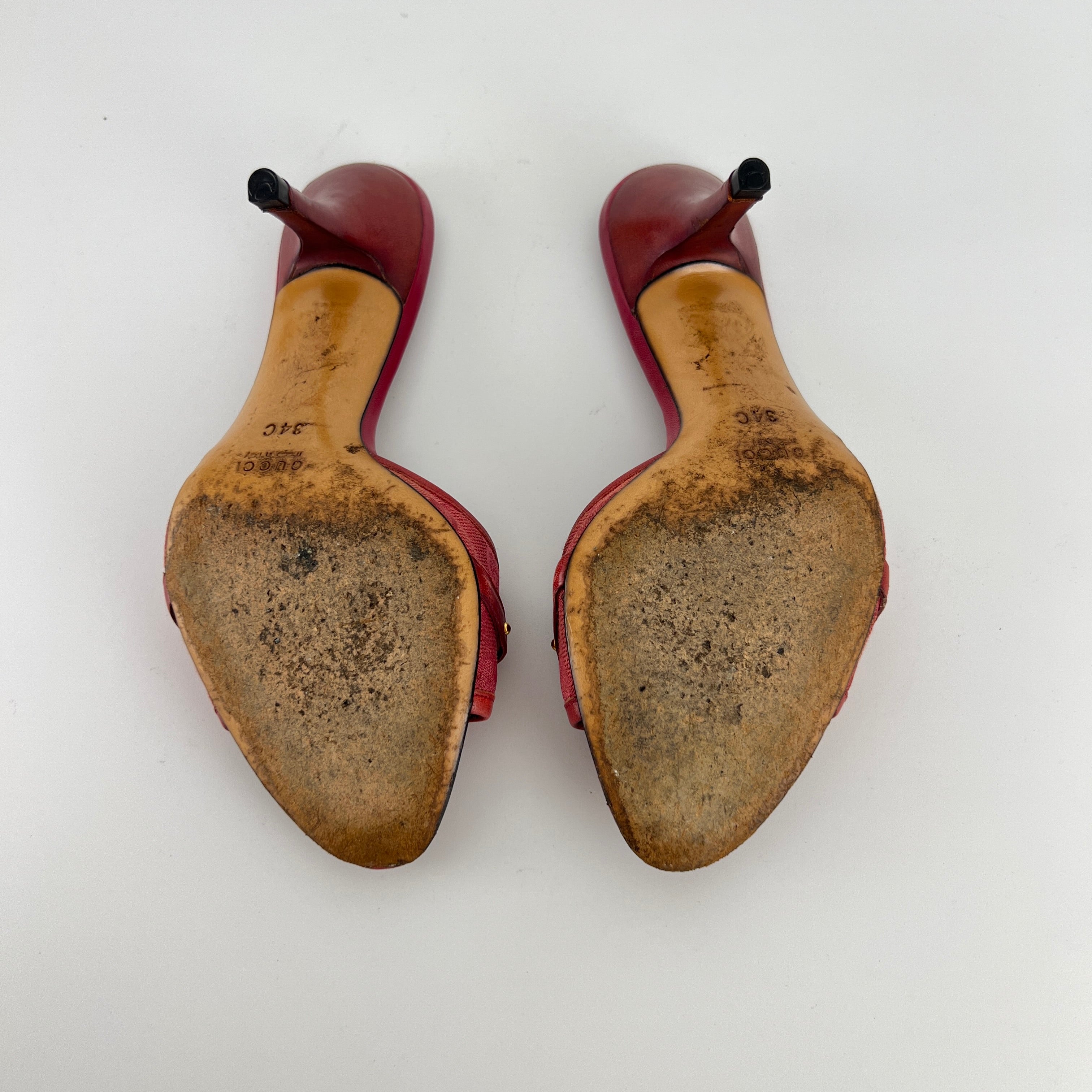 Gucci | Tom Ford Era Vintage Red GG Monogram Gold Horse Bit Canvas Leather Mules (34)
