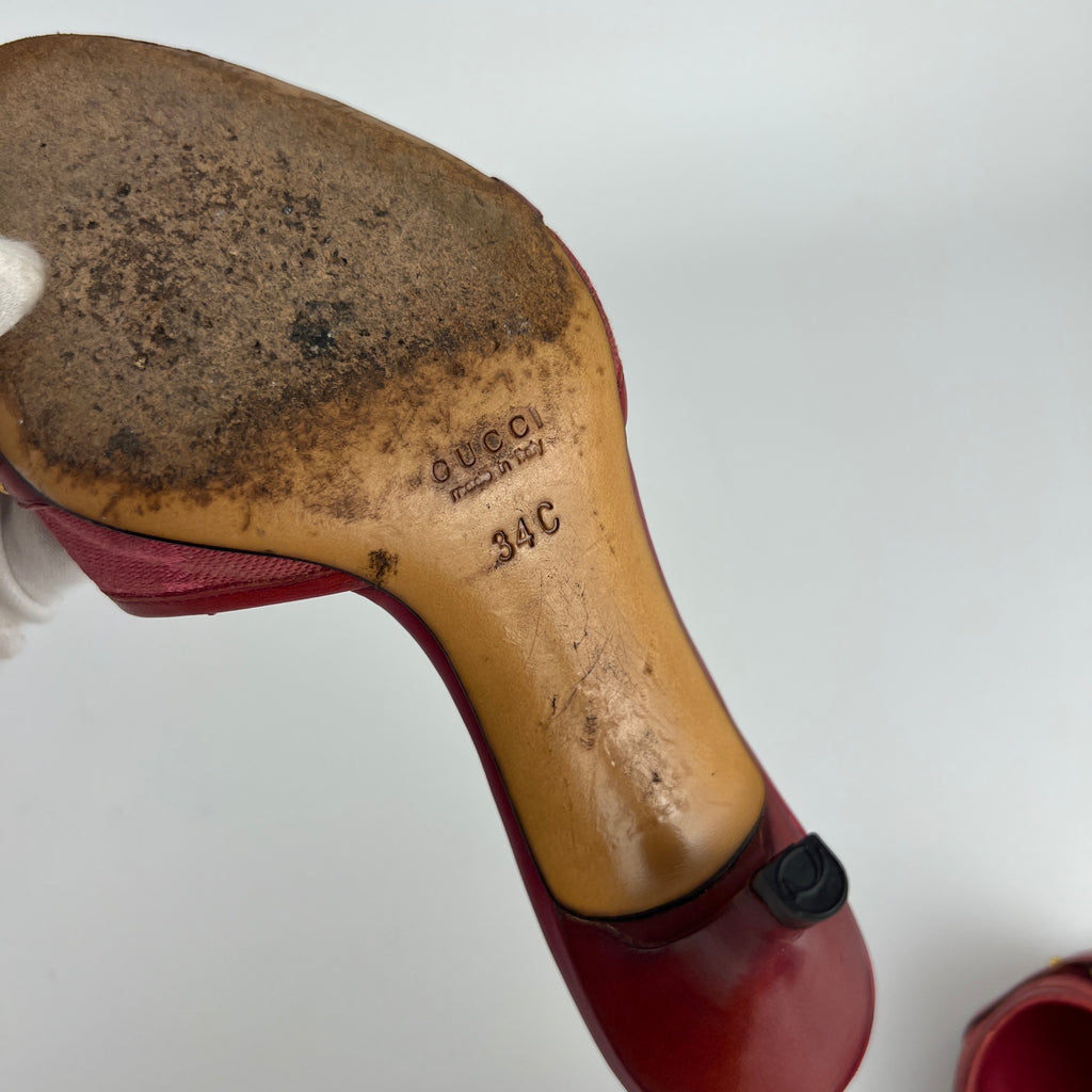 Gucci | Tom Ford Era Vintage Red GG Monogram Gold Horse Bit Canvas Leather Mules (34)