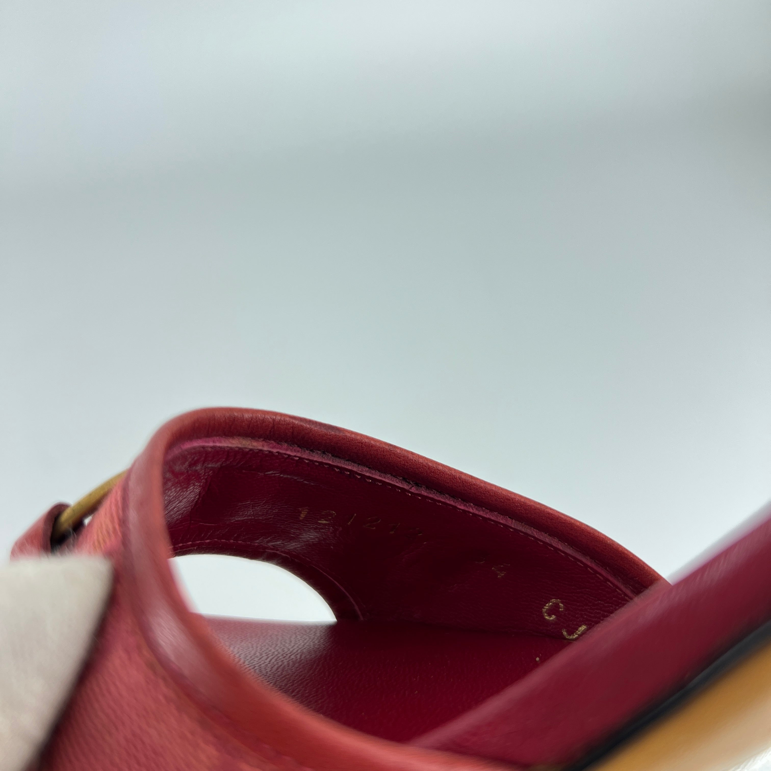 Gucci | Tom Ford Era Vintage Red GG Monogram Gold Horse Bit Canvas Leather Mules (34)