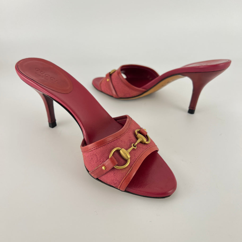 Gucci | Tom Ford Era Vintage Red GG Monogram Gold Horse Bit Canvas Leather Mules (34)