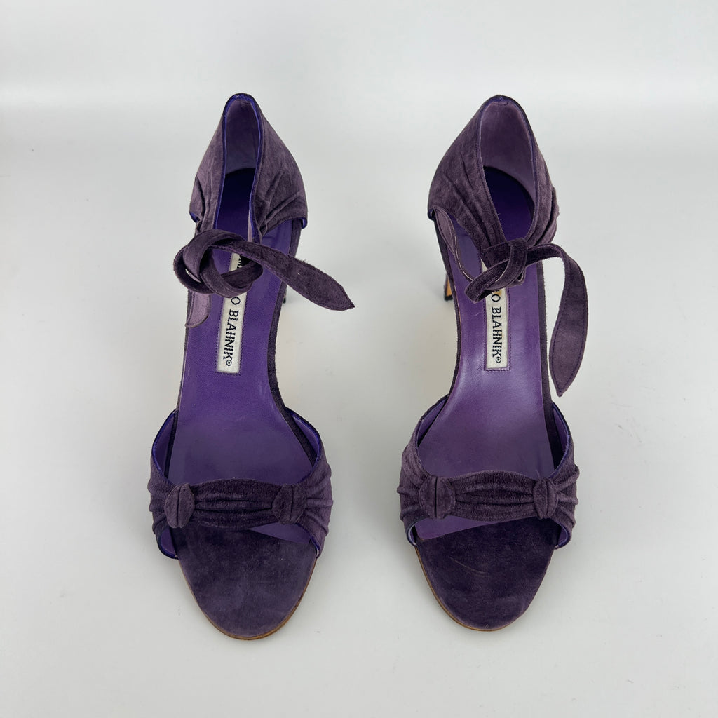 Manolo Blahnik | Purple Suede Leather Ankle Tie Closure Open Toe Pumps (35.5)