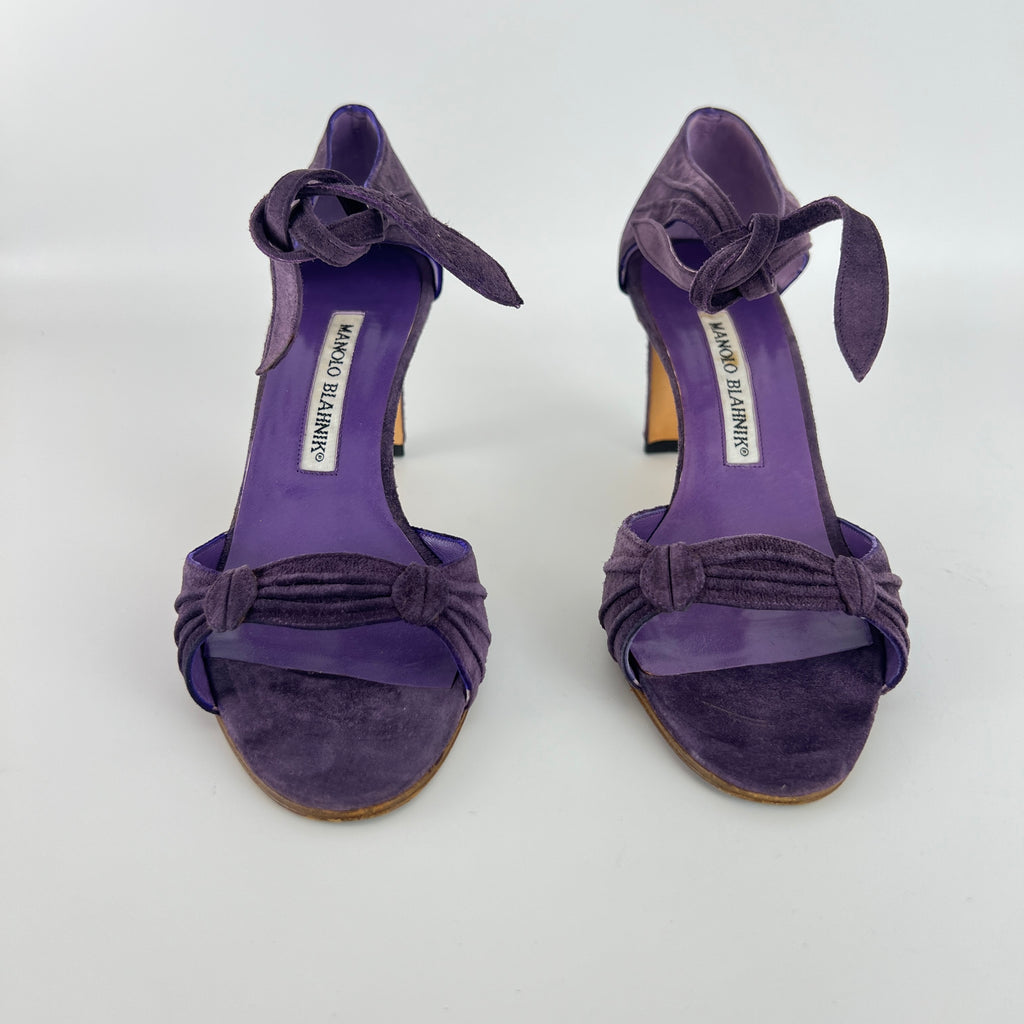 Manolo Blahnik | Purple Suede Leather Ankle Tie Closure Open Toe Pumps (35.5)