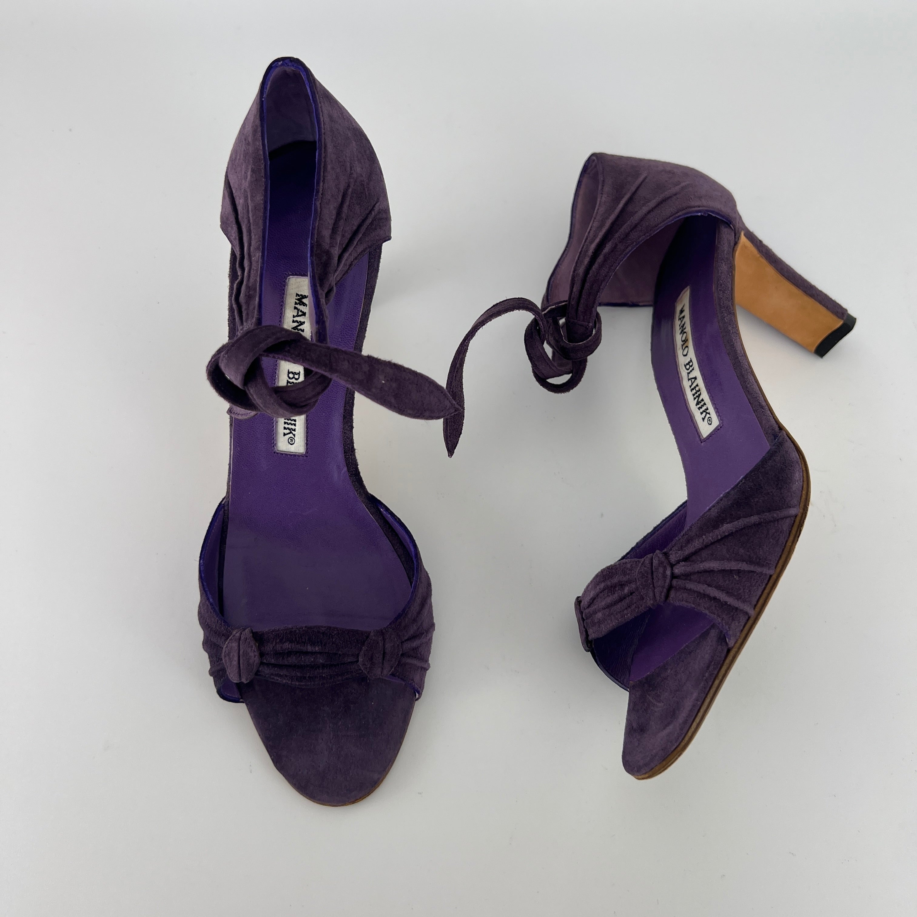 Manolo Blahnik | Purple Suede Leather Ankle Tie Closure Open Toe Pumps (35.5)