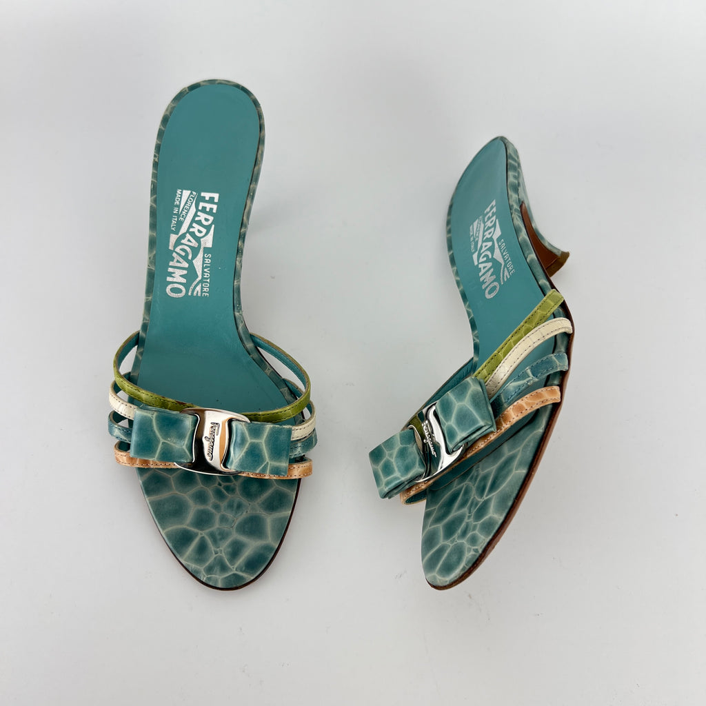 Ferragamo | Turquoise Blue Croc Embossed Leather Bow Mule Rare (8 , 38)