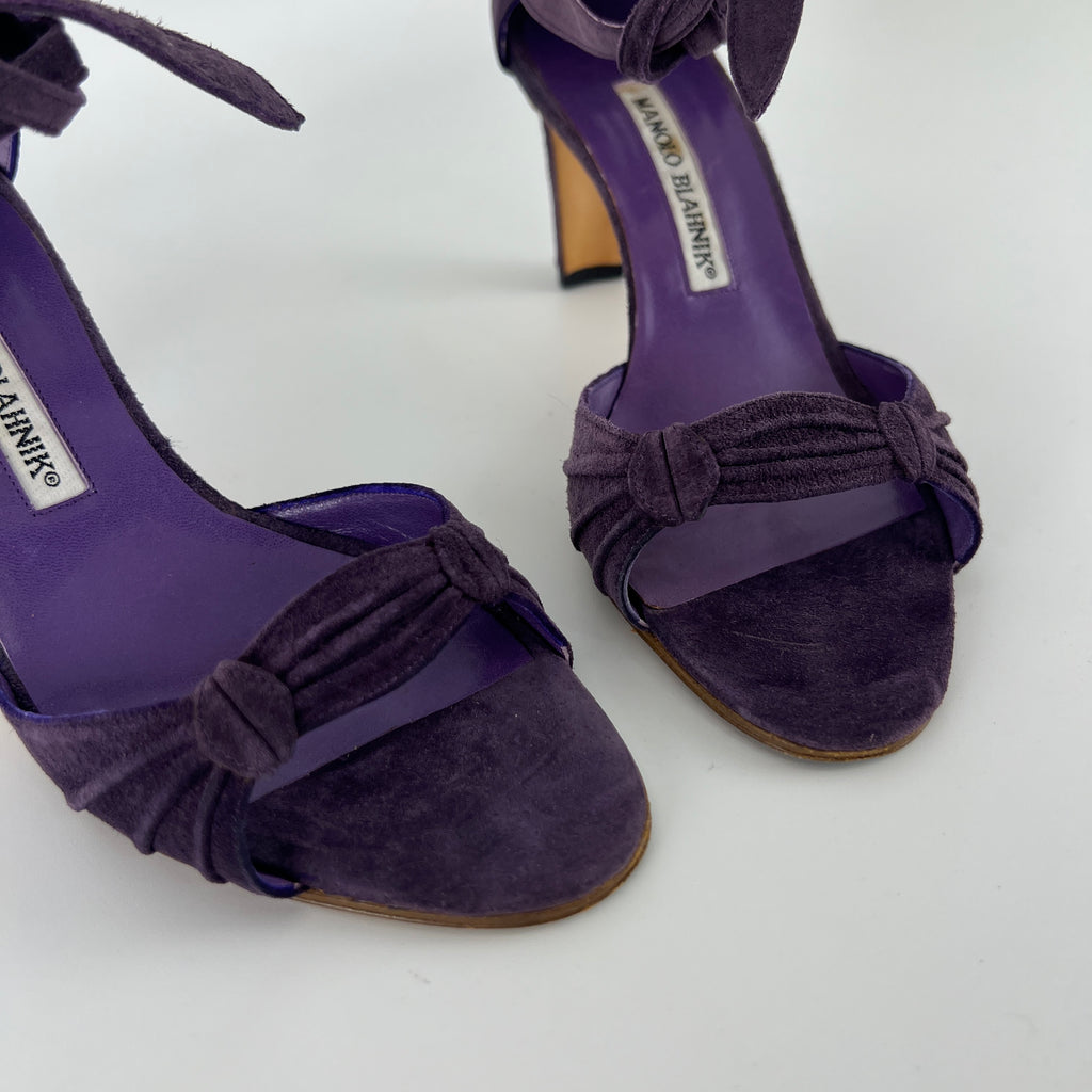 Manolo Blahnik | Purple Suede Leather Ankle Tie Closure Open Toe Pumps (35.5)