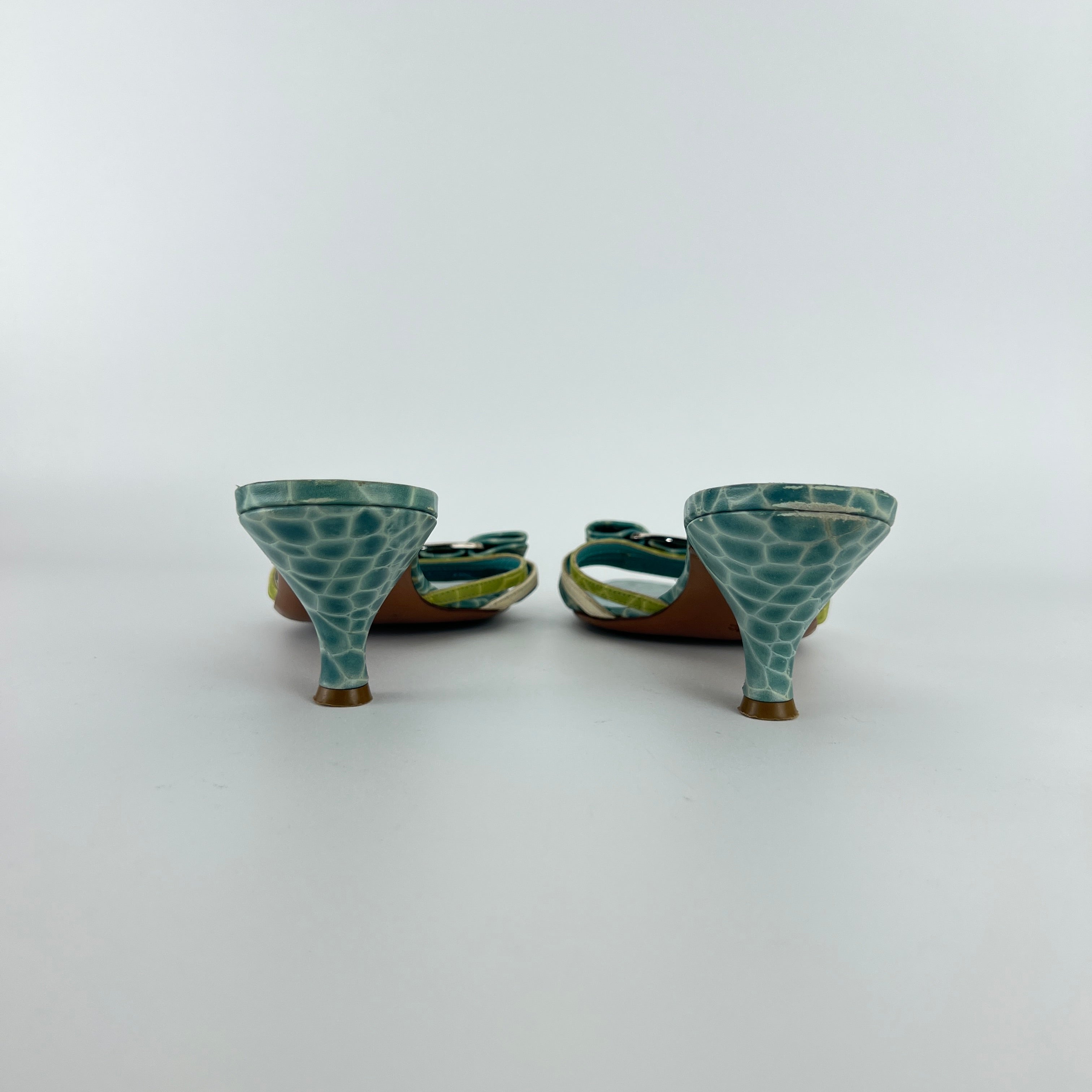 Ferragamo | Turquoise Blue Croc Embossed Leather Bow Mule Rare (8 , 38)