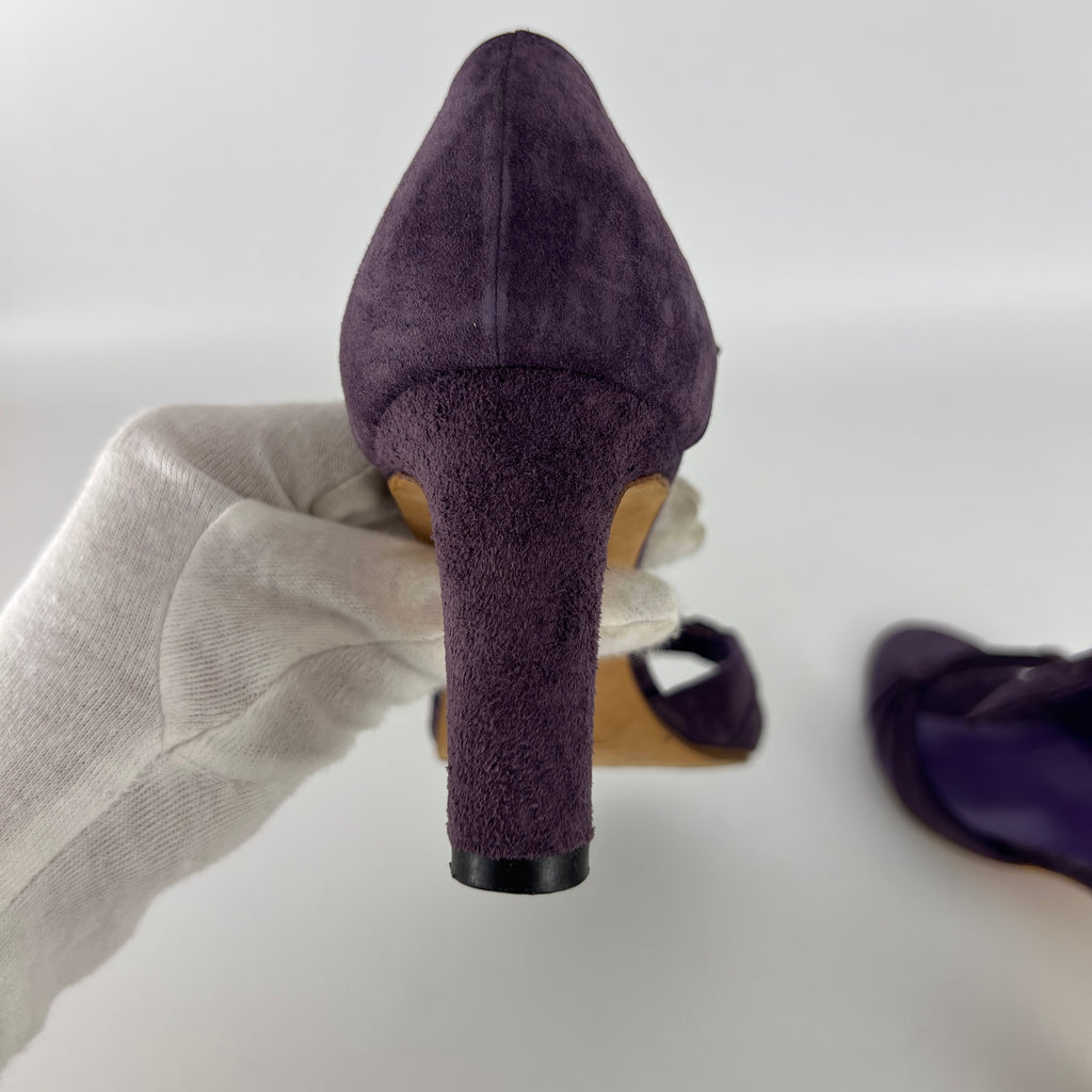 Manolo Blahnik | Purple Suede Leather Ankle Tie Closure Open Toe Pumps (35.5)