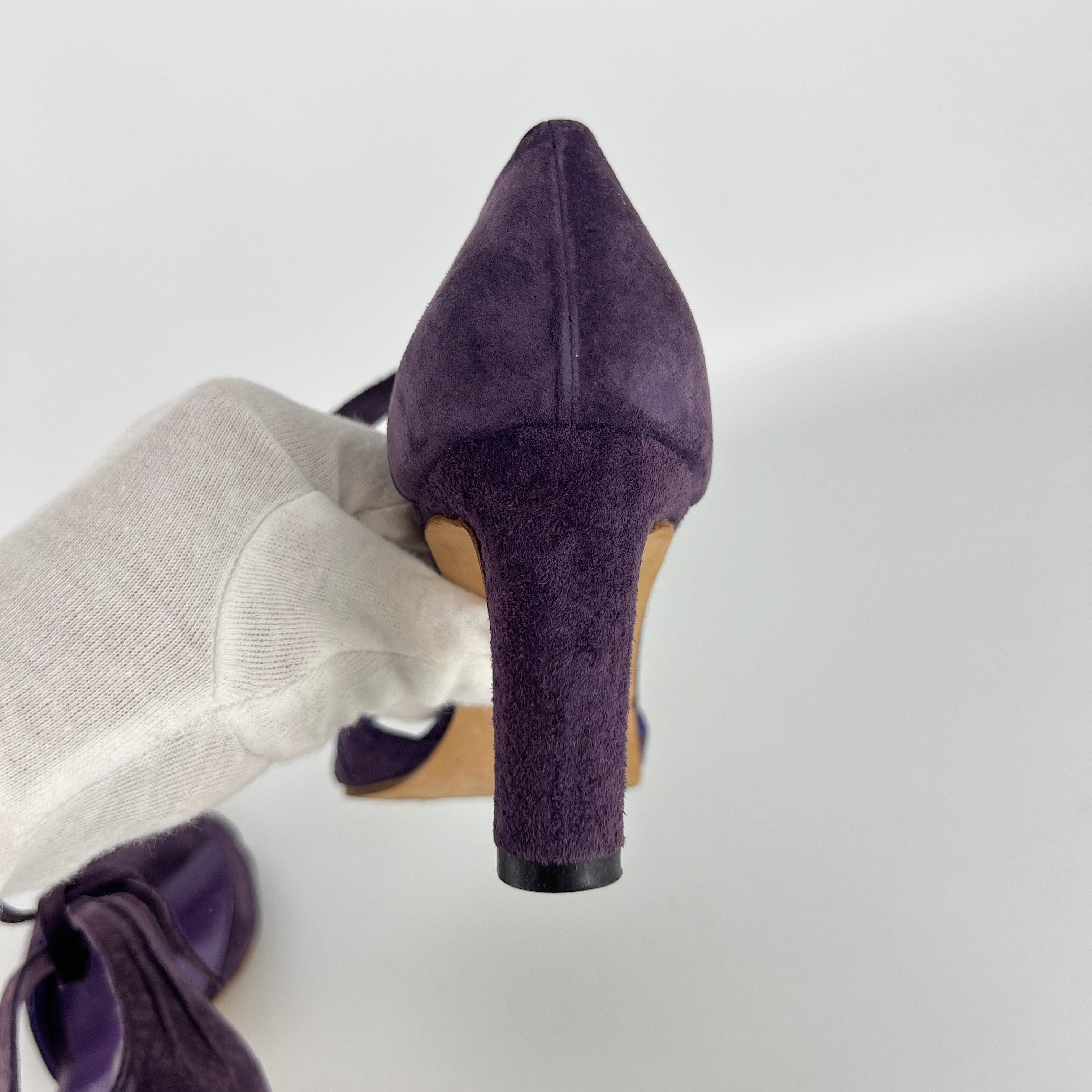 Manolo Blahnik | Purple Suede Leather Ankle Tie Closure Open Toe Pumps (35.5)