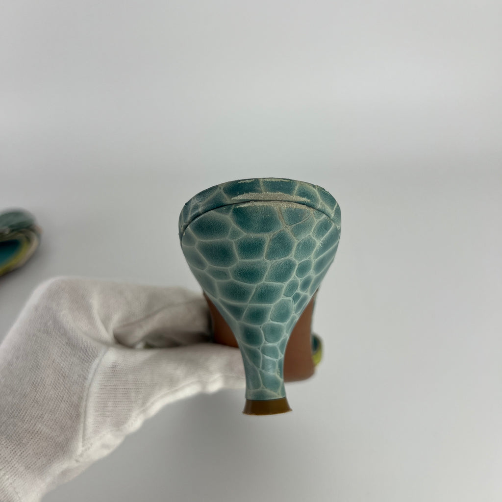 Ferragamo | Turquoise Blue Croc Embossed Leather Bow Mule Rare (8 , 38)