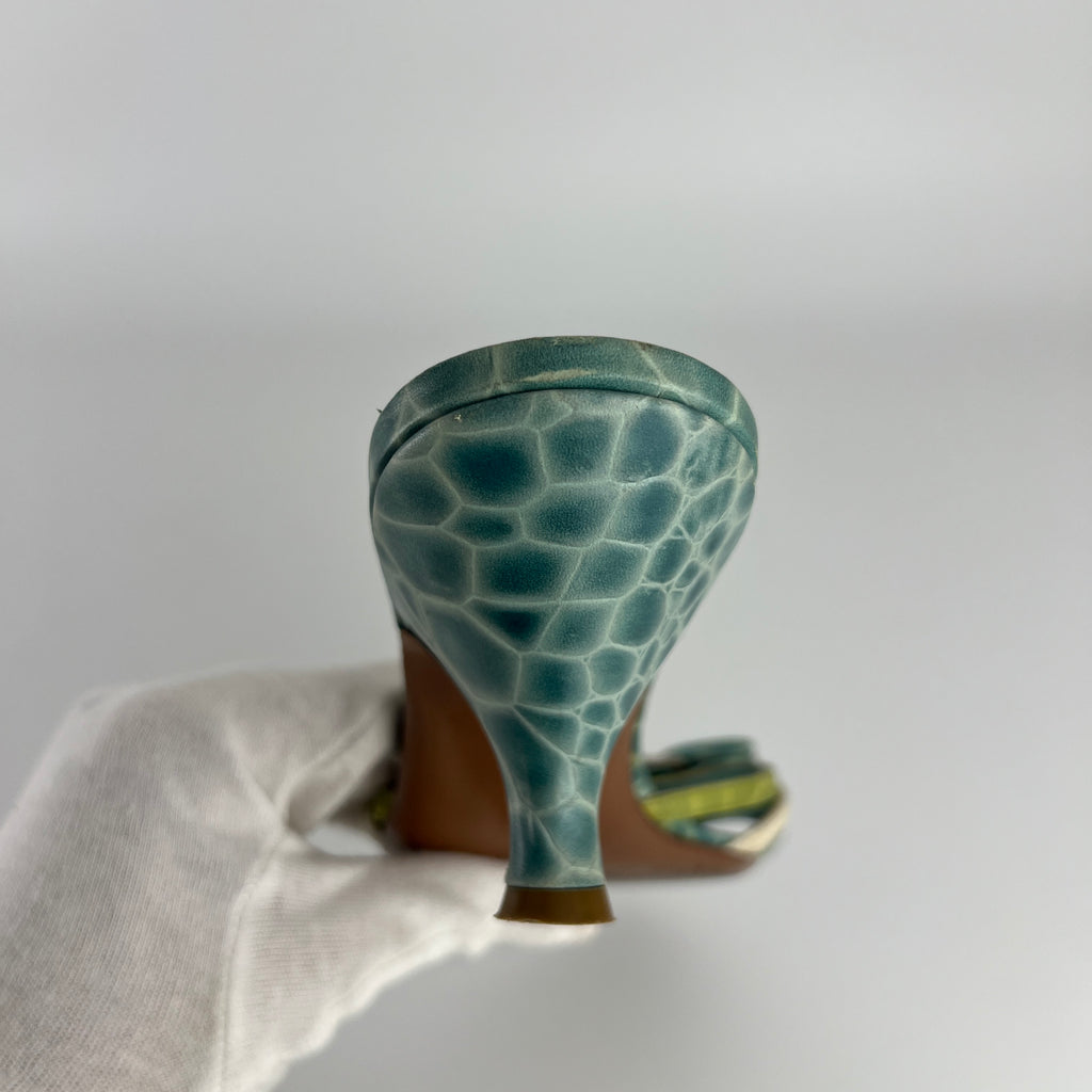 Ferragamo | Turquoise Blue Croc Embossed Leather Bow Mule Rare (8 , 38)