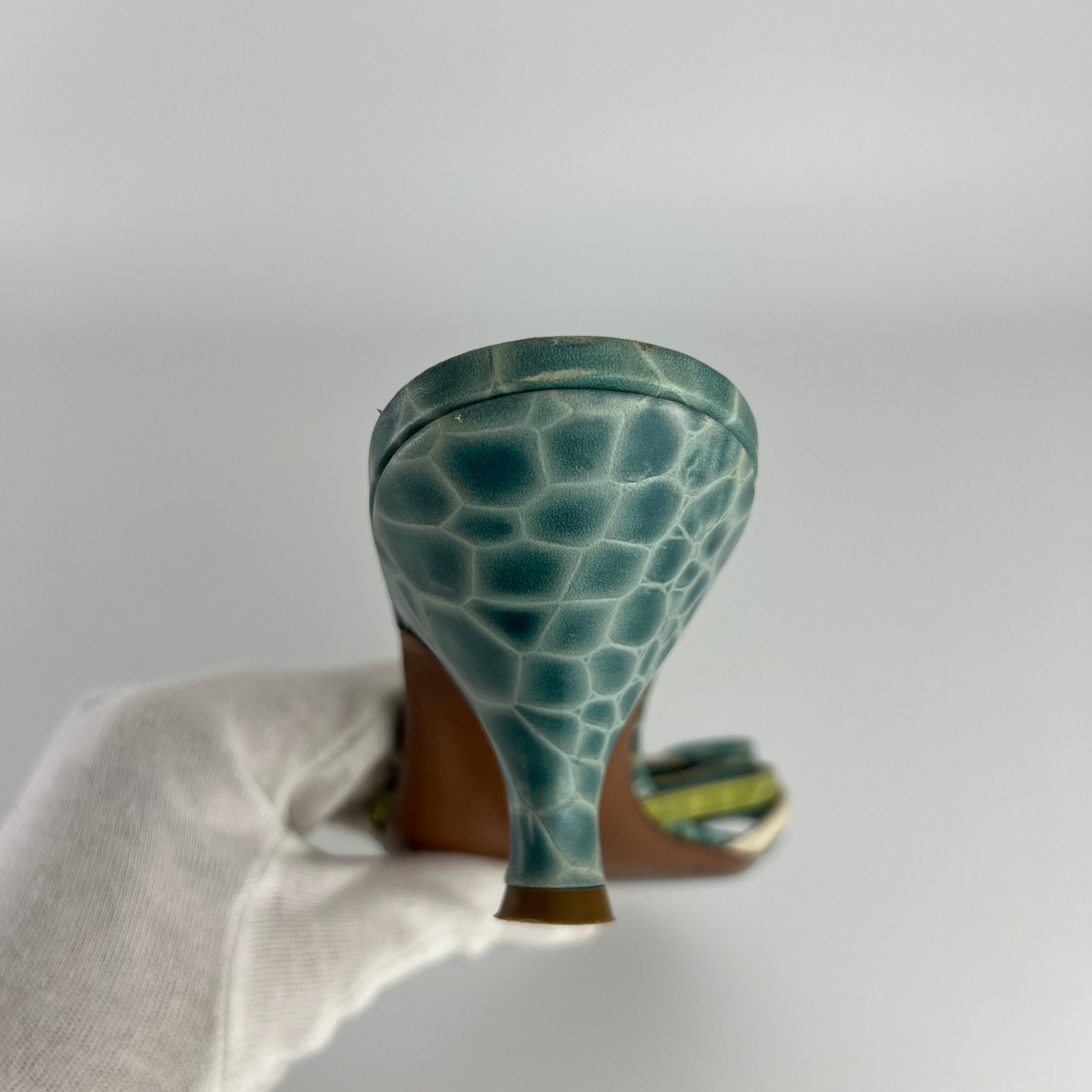 Ferragamo | Turquoise Blue Croc Embossed Leather Bow Mule Rare (8 , 38)