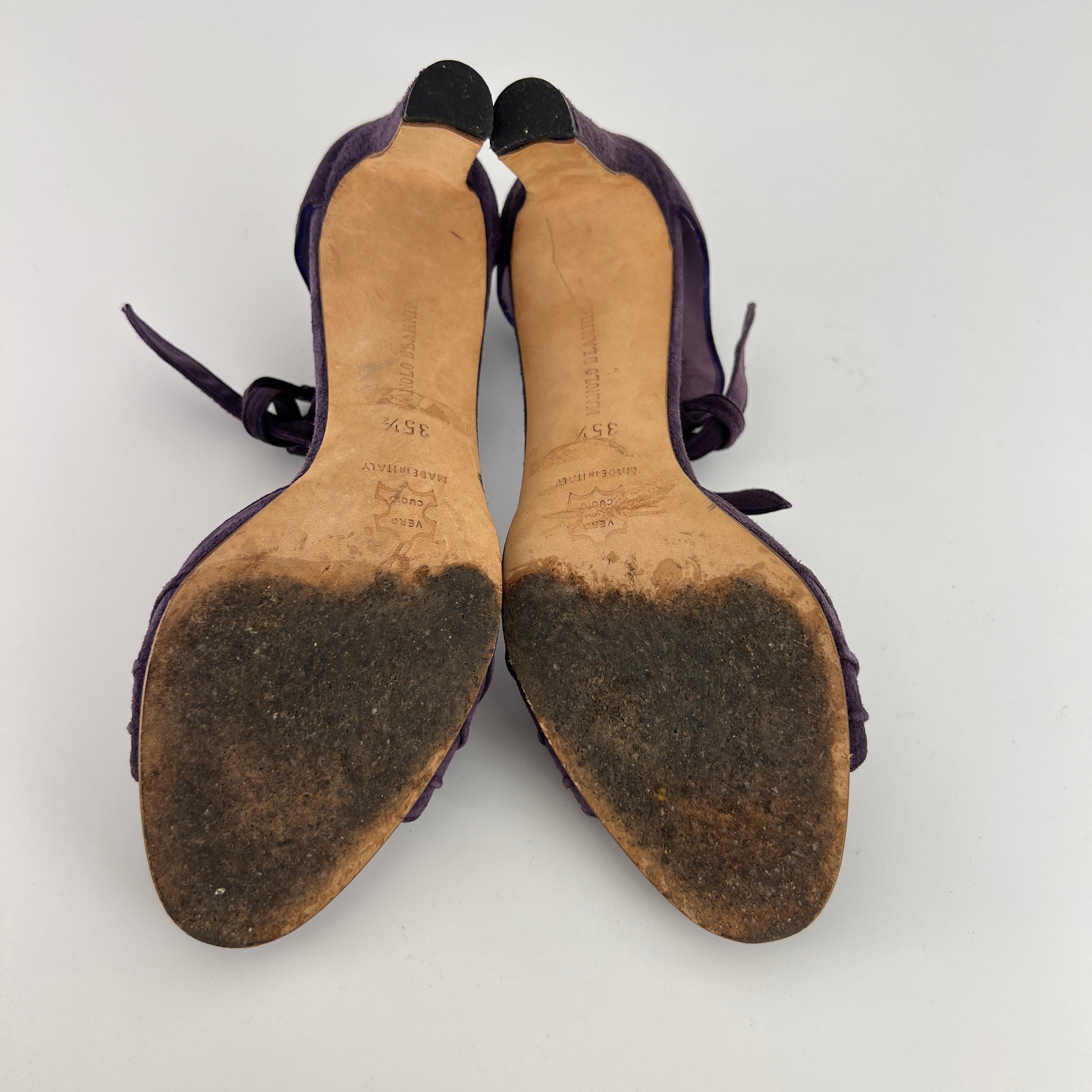 Manolo Blahnik | Purple Suede Leather Ankle Tie Closure Open Toe Pumps (35.5)