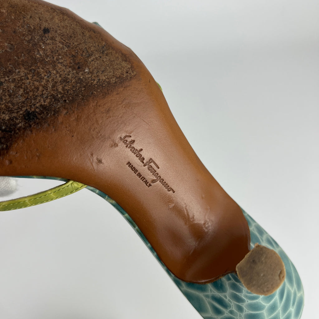 Ferragamo | Turquoise Blue Croc Embossed Leather Bow Mule Rare (8 , 38)