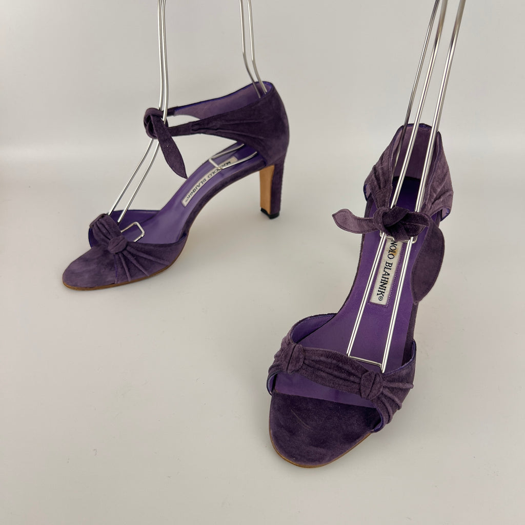 Manolo Blahnik | Purple Suede Leather Ankle Tie Closure Open Toe Pumps (35.5)