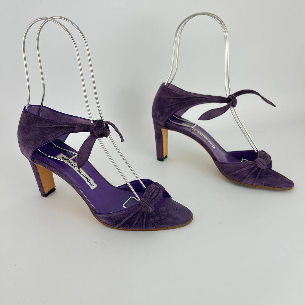 Manolo Blahnik | Purple Suede Leather Ankle Tie Closure Open Toe Pumps (35.5)