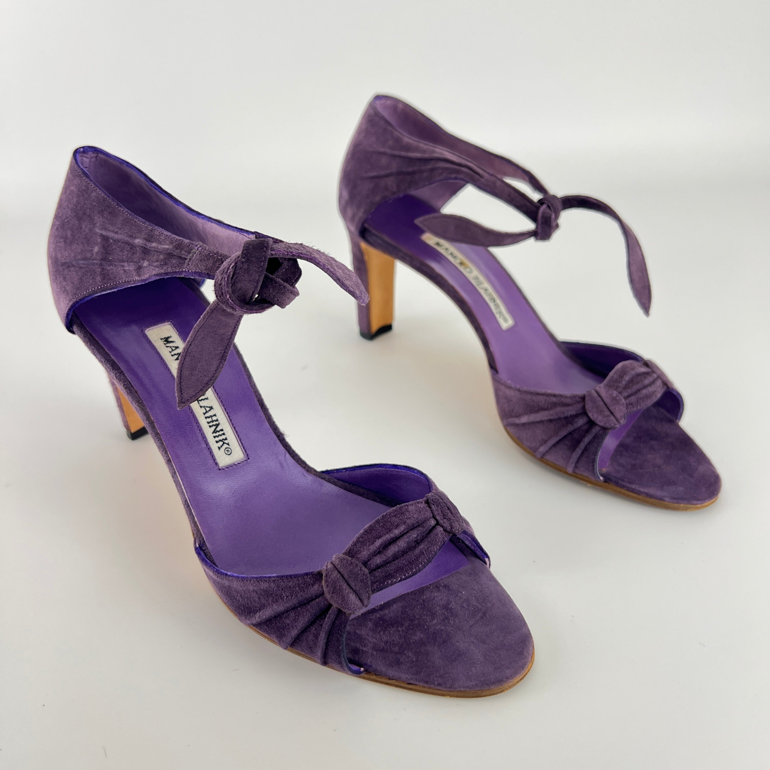 Manolo Blahnik | Purple Suede Leather Ankle Tie Closure Open Toe Pumps (35.5)