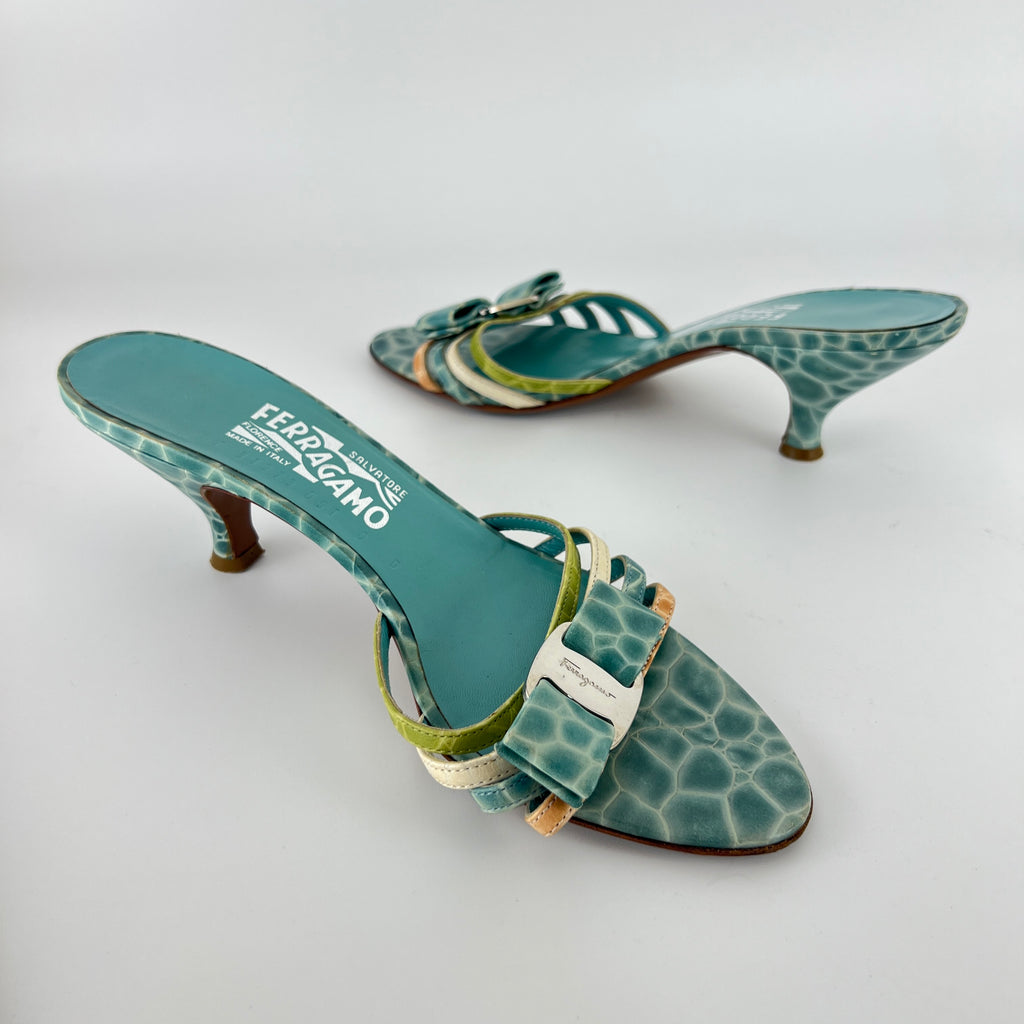 Ferragamo | Turquoise Blue Croc Embossed Leather Bow Mule Rare (8 , 38)