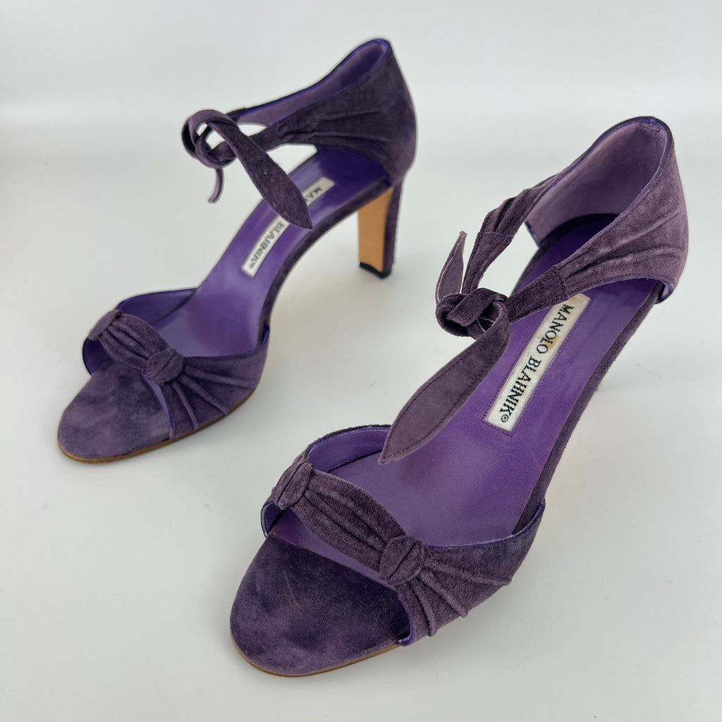 Manolo Blahnik | Purple Suede Leather Ankle Tie Closure Open Toe Pumps (35.5)