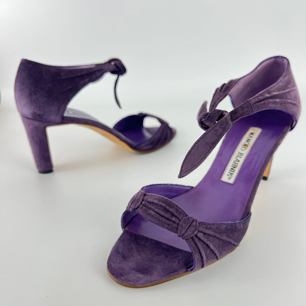 Manolo Blahnik | Purple Suede Leather Ankle Tie Closure Open Toe Pumps (35.5)