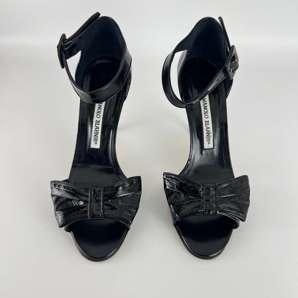 Manolo Blahnik | Black Patent Leather Bow Ankle Wrap Sandal Heels (36.5)