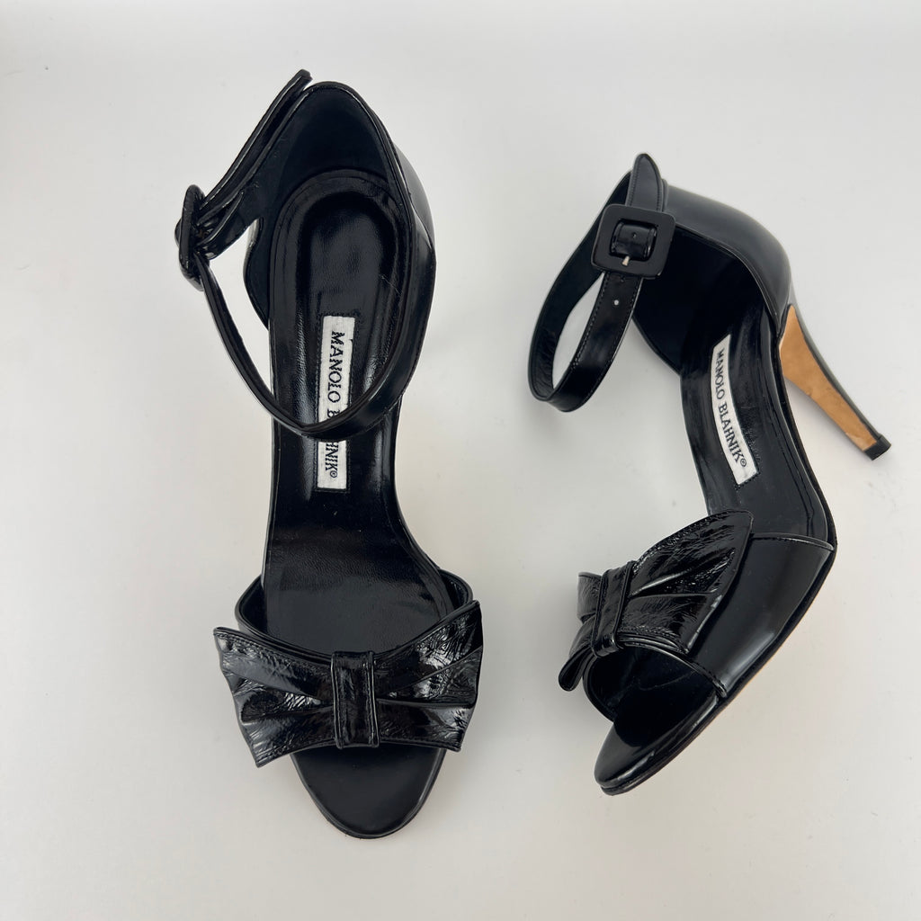 Manolo Blahnik | Black Patent Leather Bow Ankle Wrap Sandal Heels (36.5)