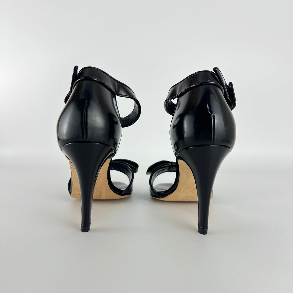 Manolo Blahnik | Black Patent Leather Bow Ankle Wrap Sandal Heels (36.5)