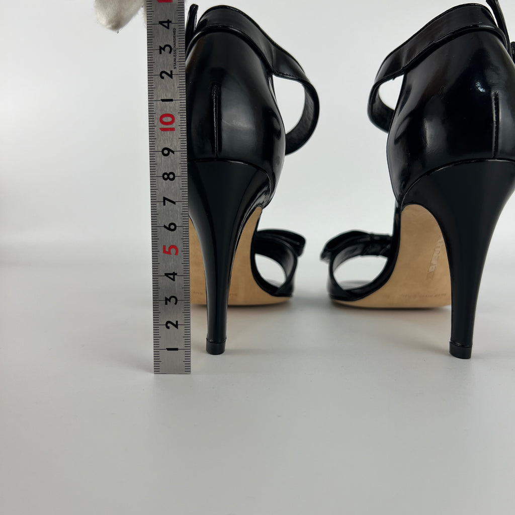 Manolo Blahnik | Black Patent Leather Bow Ankle Wrap Sandal Heels (36.5)