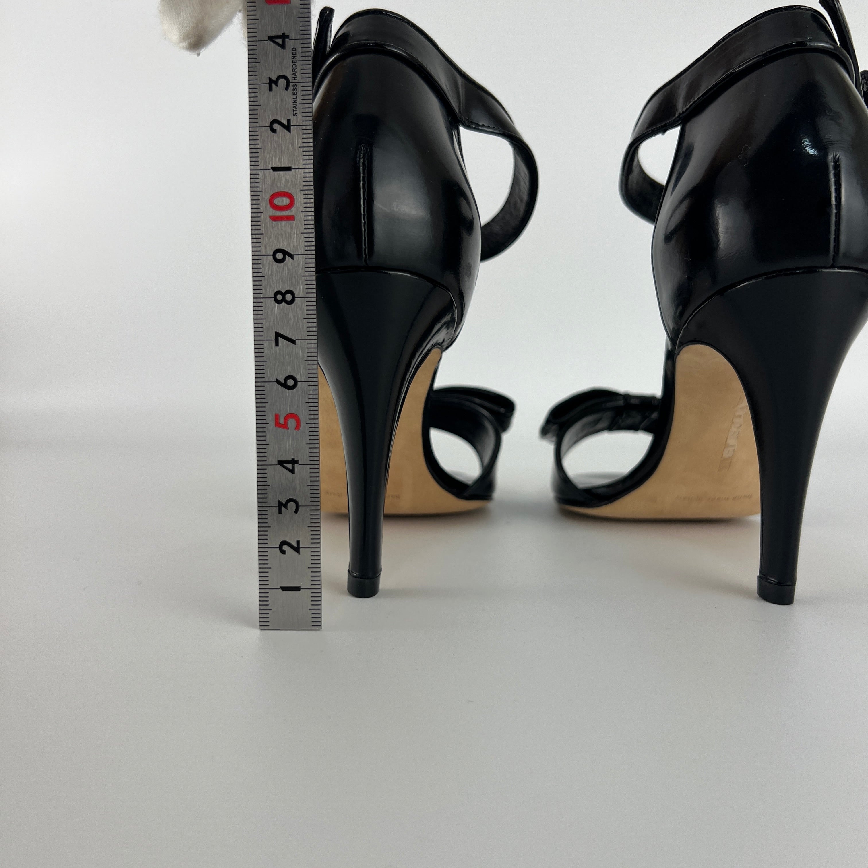 Manolo Blahnik | Black Patent Leather Bow Ankle Wrap Sandal Heels (36.5)