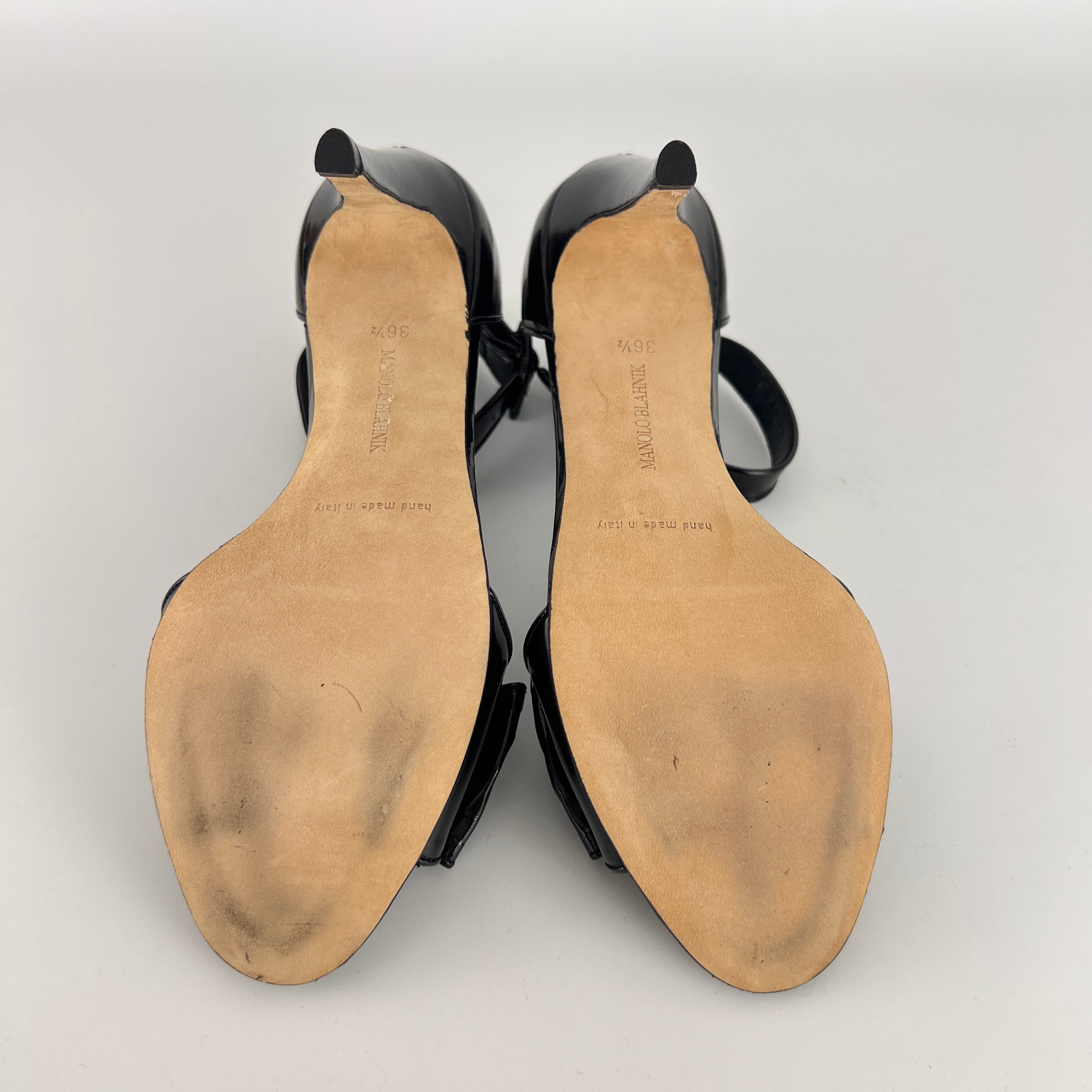 Manolo Blahnik | Black Patent Leather Bow Ankle Wrap Sandal Heels (36.5)