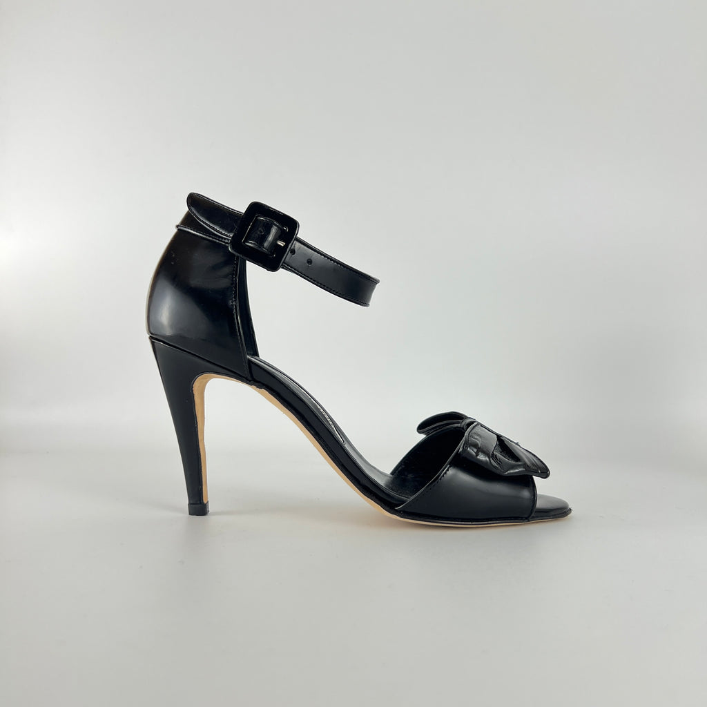 Manolo Blahnik | Black Patent Leather Bow Ankle Wrap Sandal Heels (36.5)