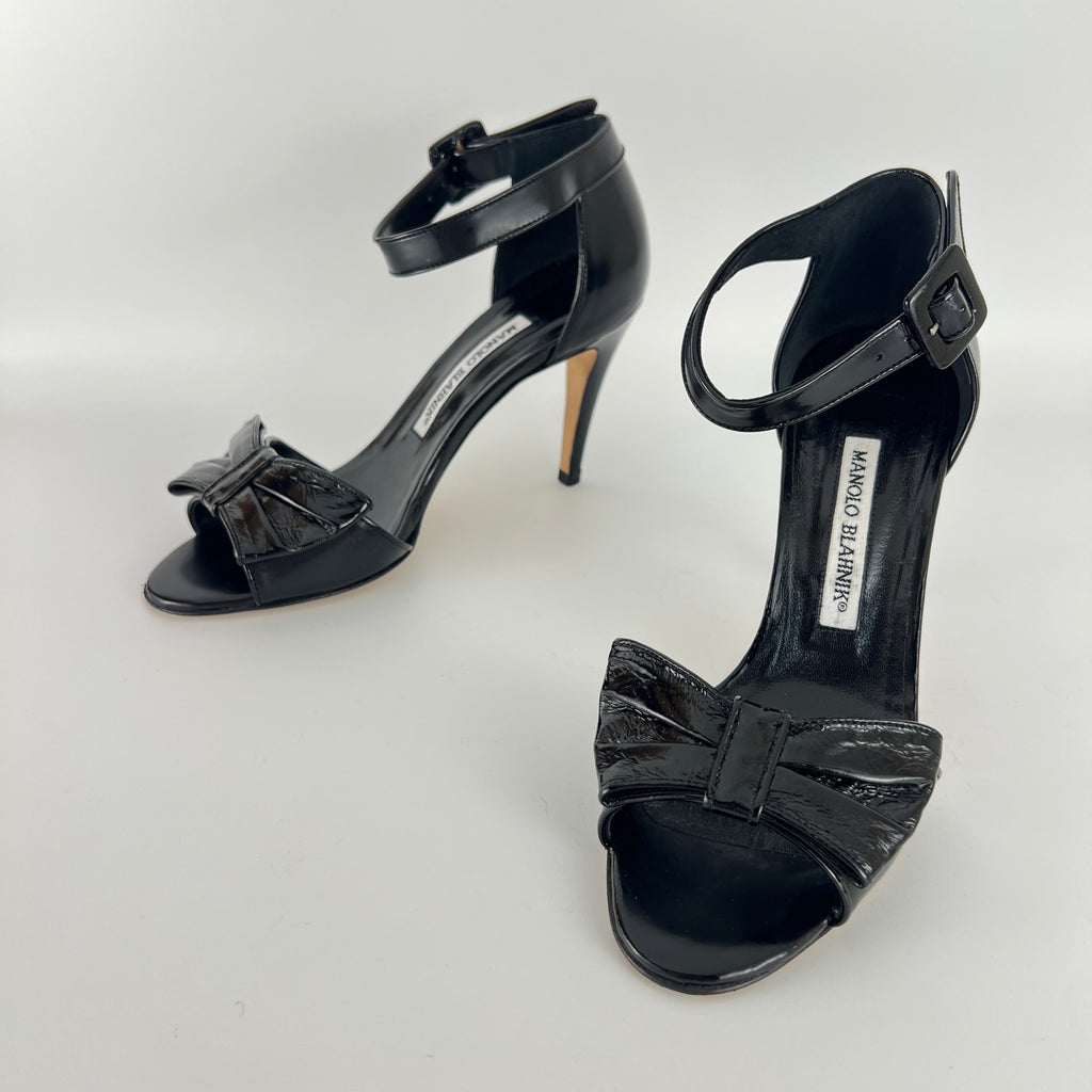 Manolo Blahnik | Black Patent Leather Bow Ankle Wrap Sandal Heels (36.5)