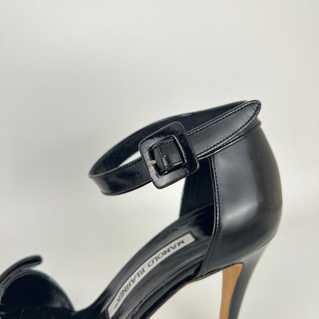 Manolo Blahnik | Black Patent Leather Bow Ankle Wrap Sandal Heels (36.5)